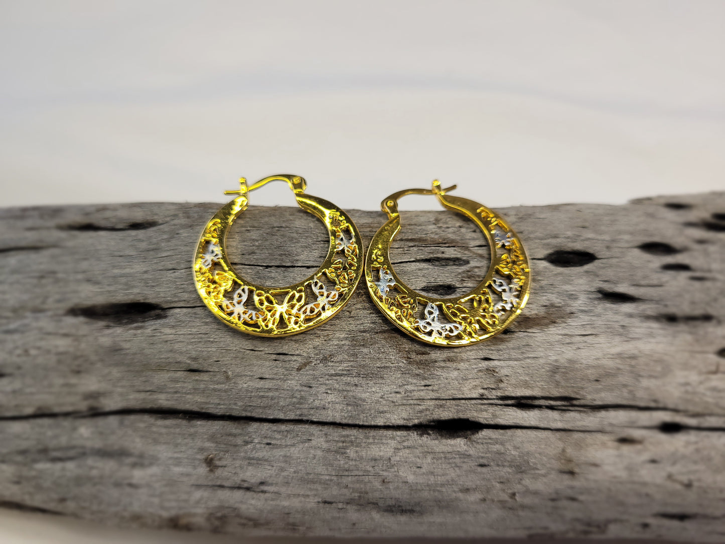 Gold Butterflys Inlaid Big Hoop Earrings