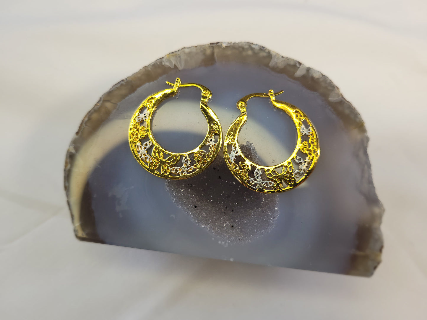 Gold Butterflys Inlaid Big Hoop Earrings