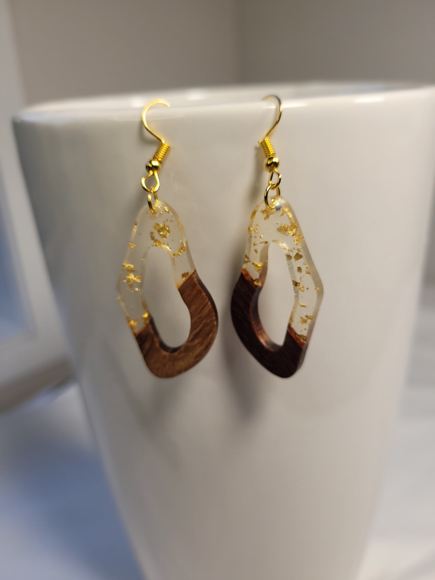 Wood and Gold Fleck Resin Dangle Warped Teardrop Earrings