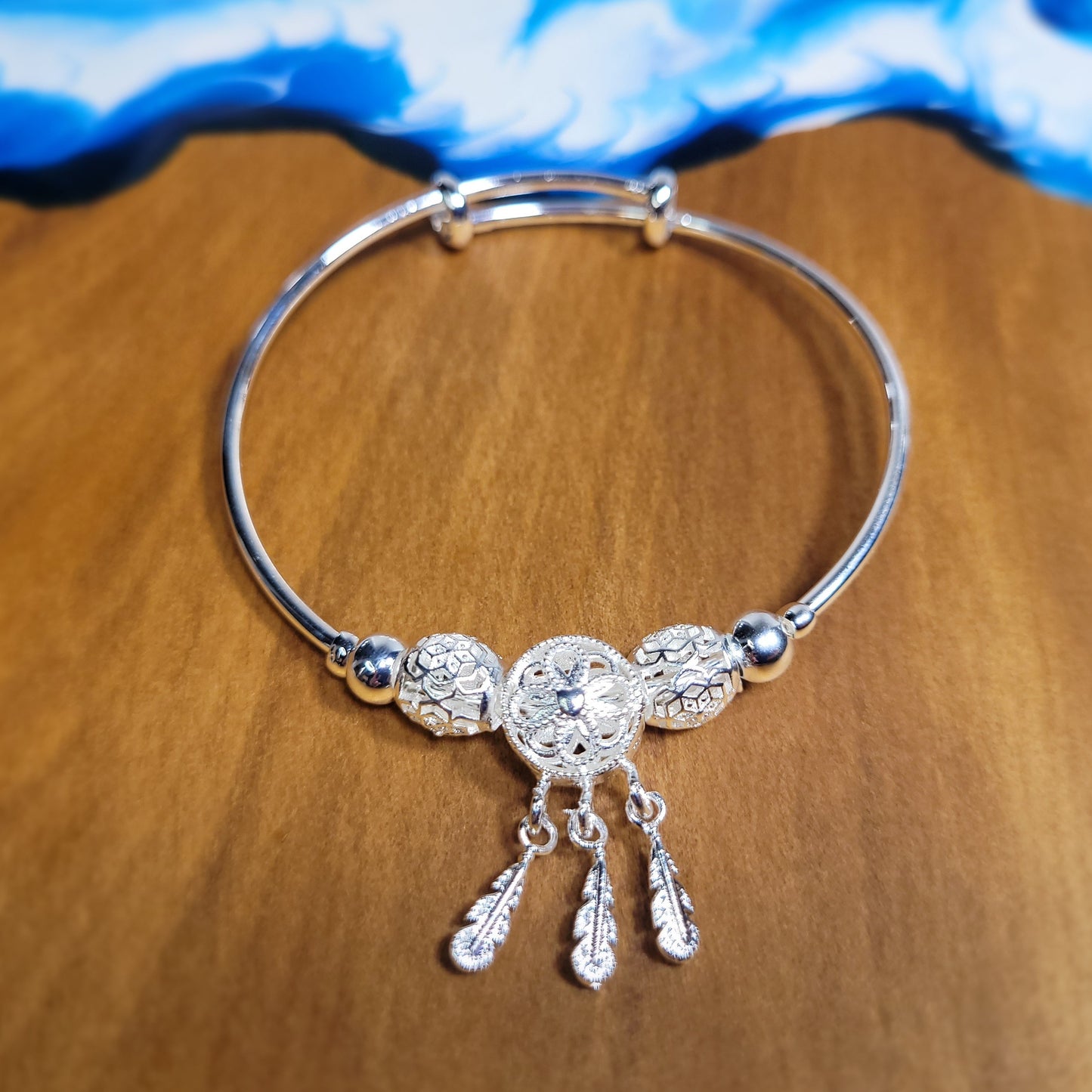 Silver Dreamcatcher Flower Bangle