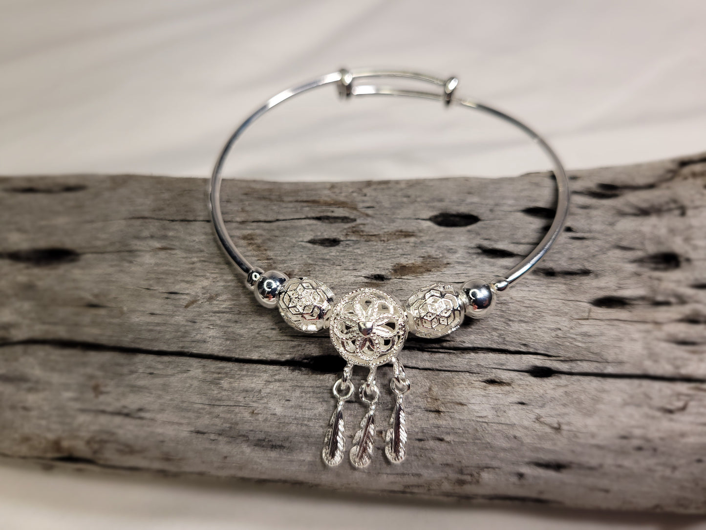 Silver Dreamcatcher Flower Bangle