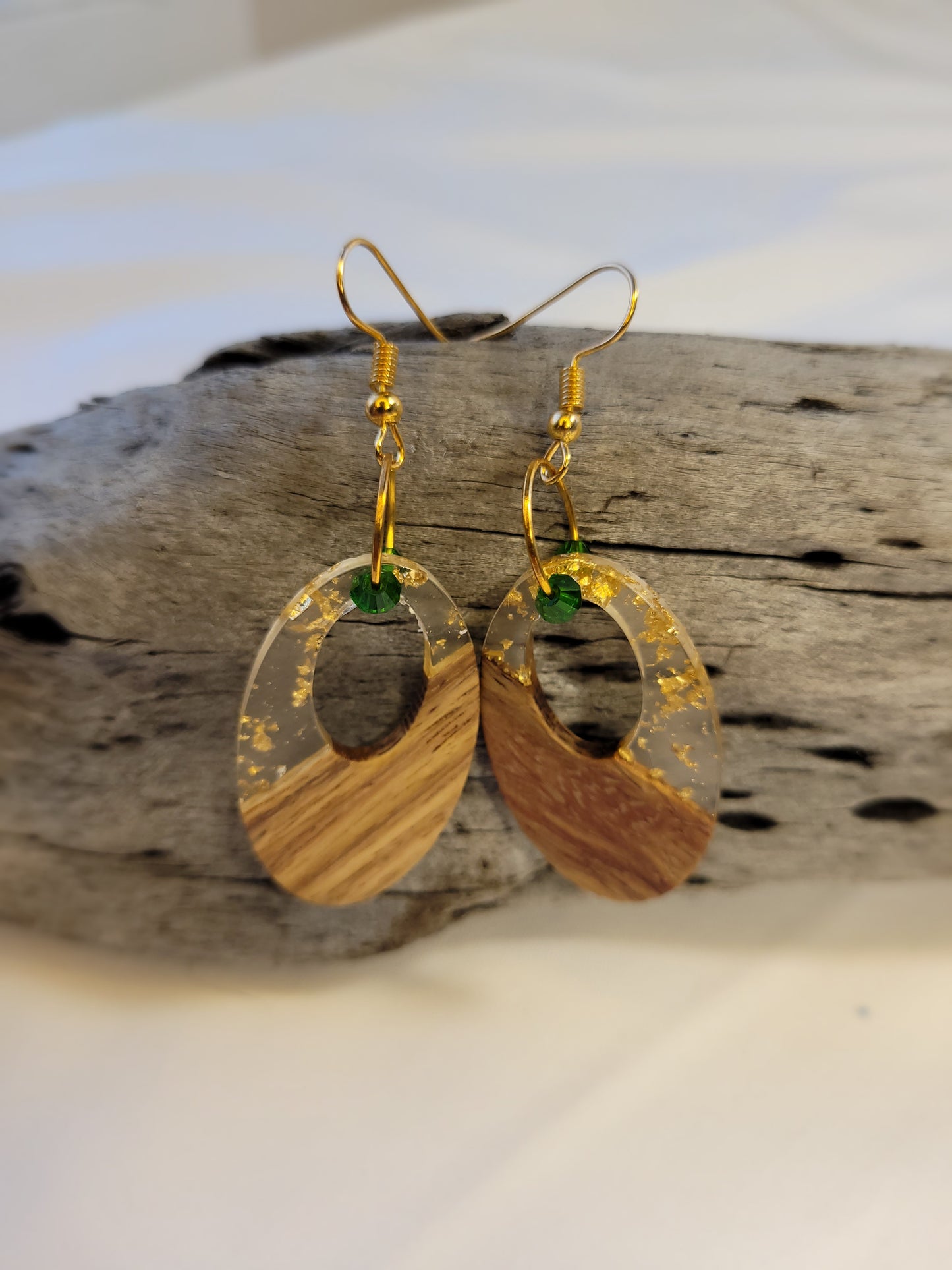 Wood and Gold Fleck Resin Dangle Green Crystal Earrings