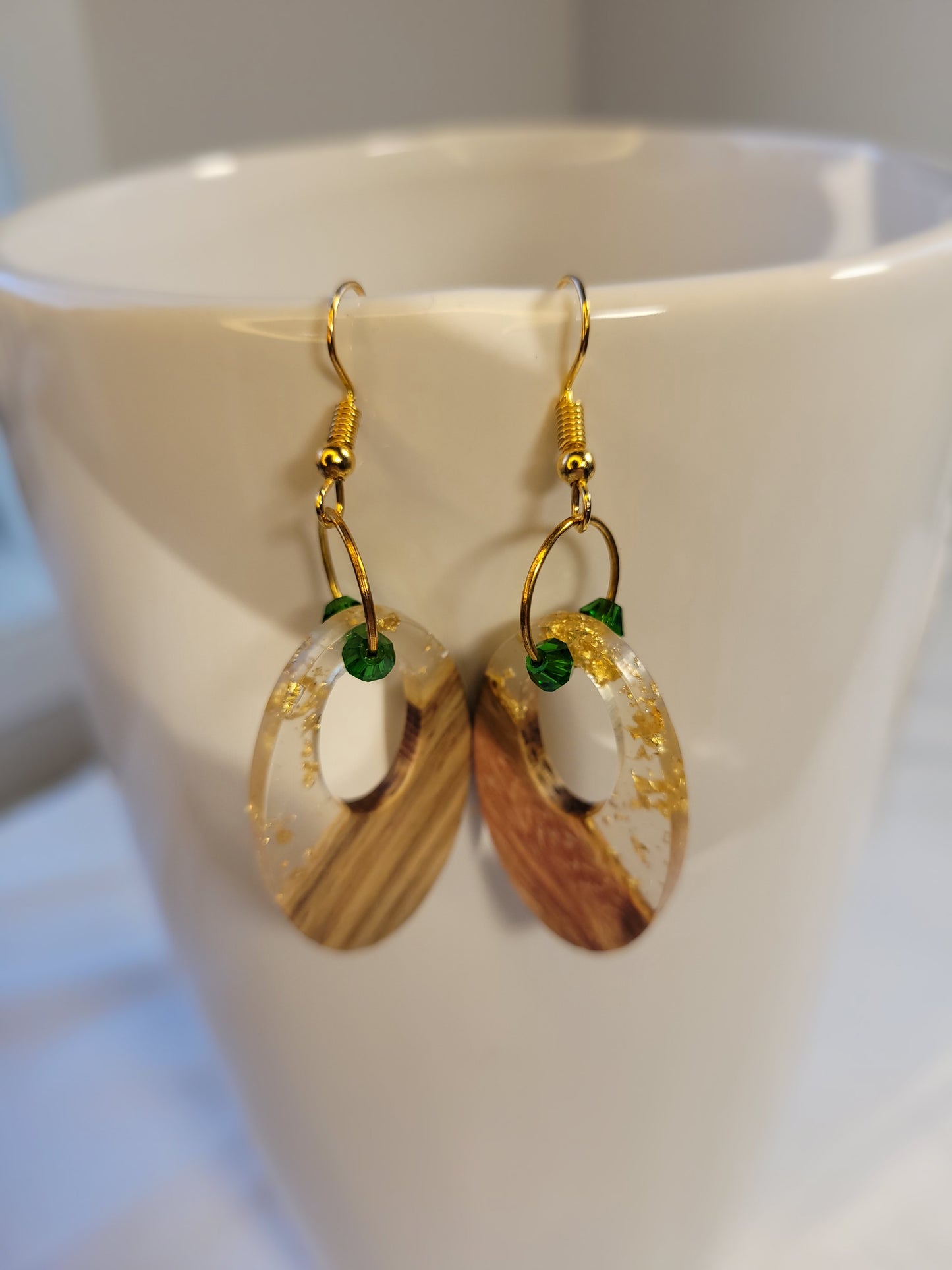 Wood and Gold Fleck Resin Dangle Green Crystal Earrings