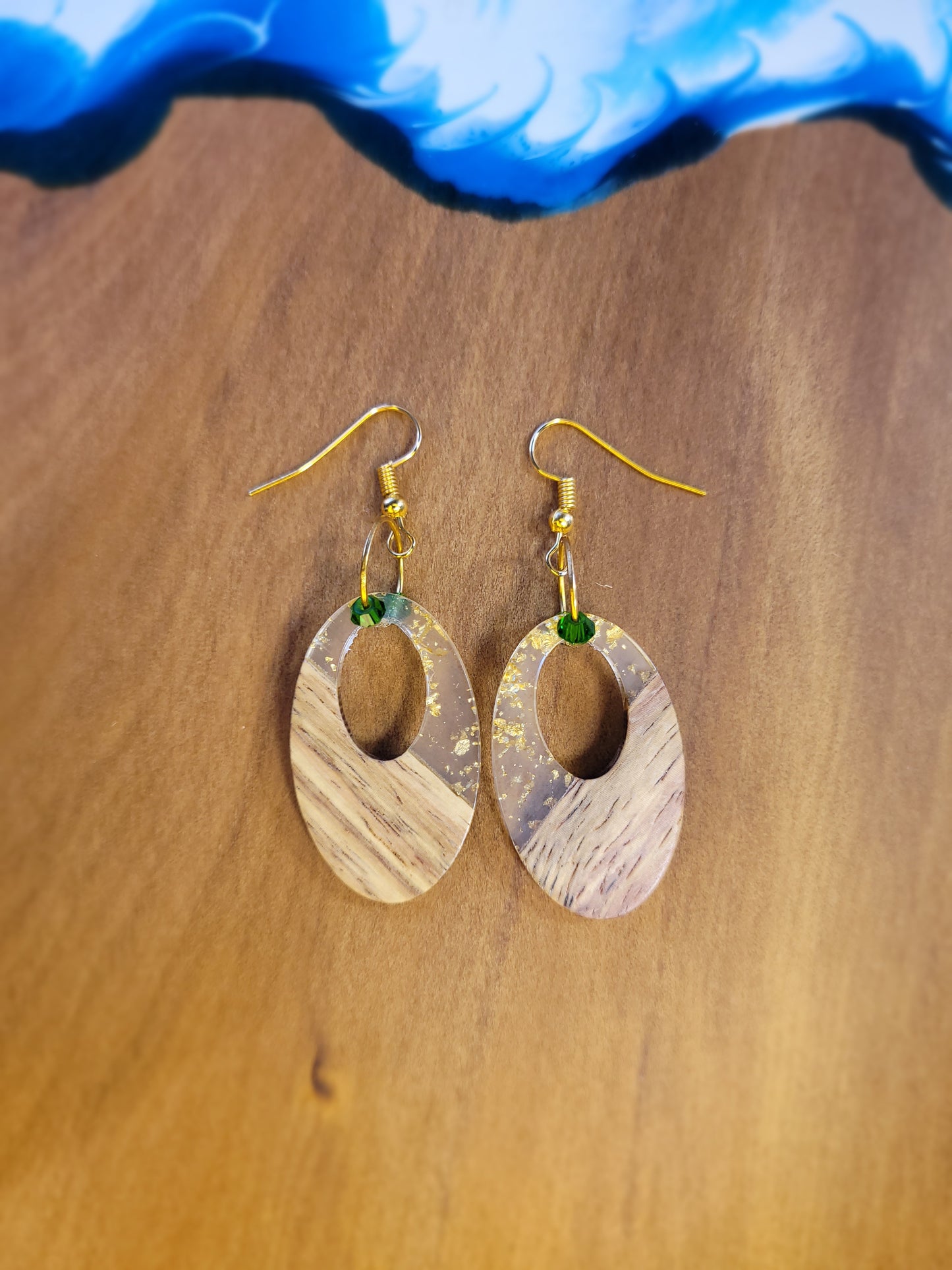 Wood and Gold Fleck Resin Dangle Green Crystal Earrings