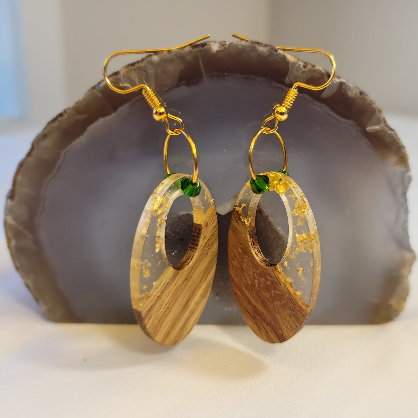 Wood and Gold Fleck Resin Dangle Green Crystal Earrings