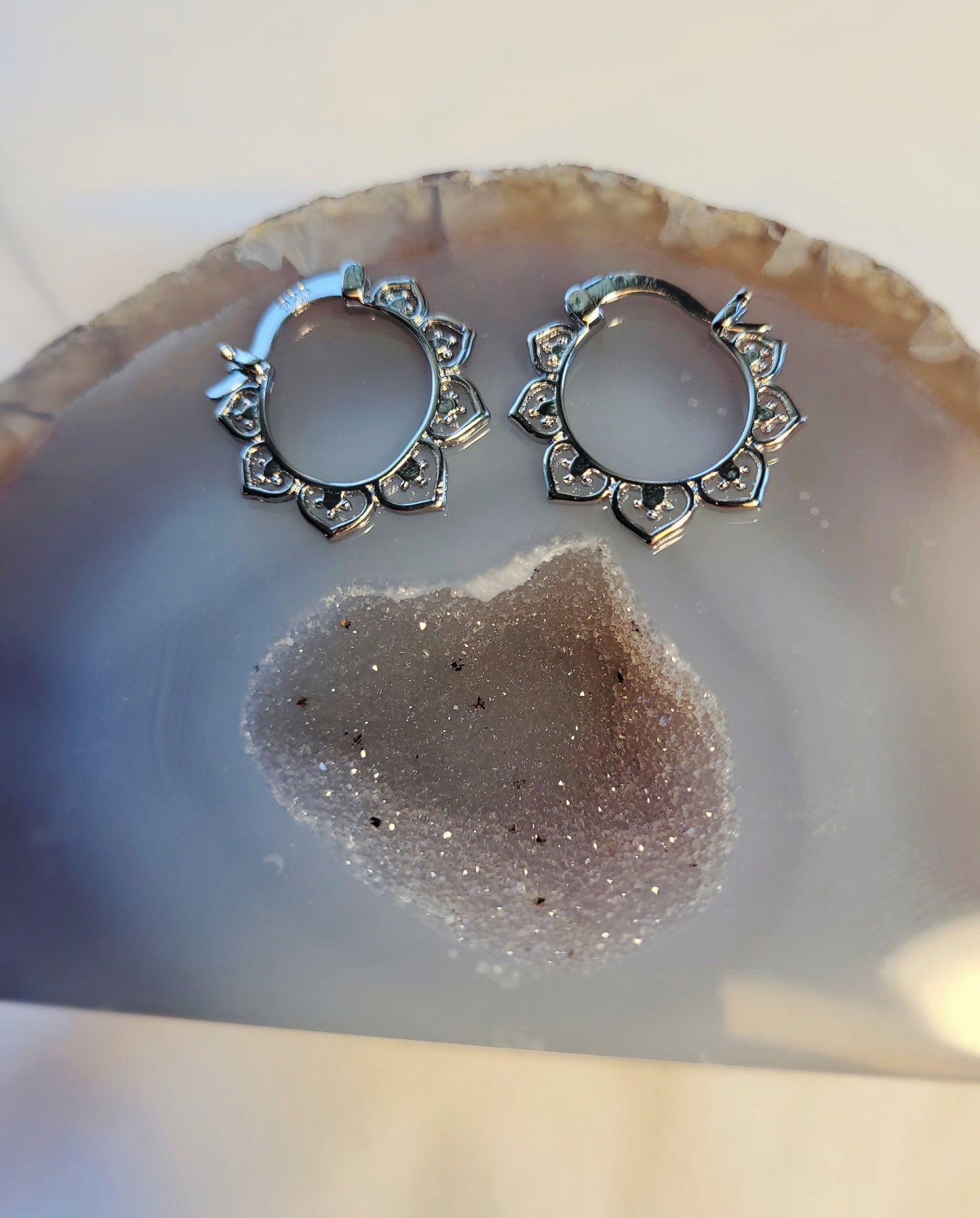 Sterling Silver Lotus Hoop Earrings