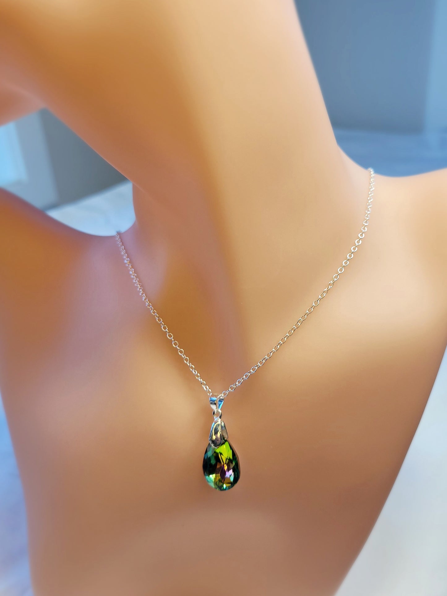 Green / Pink crystal & silver chain necklace