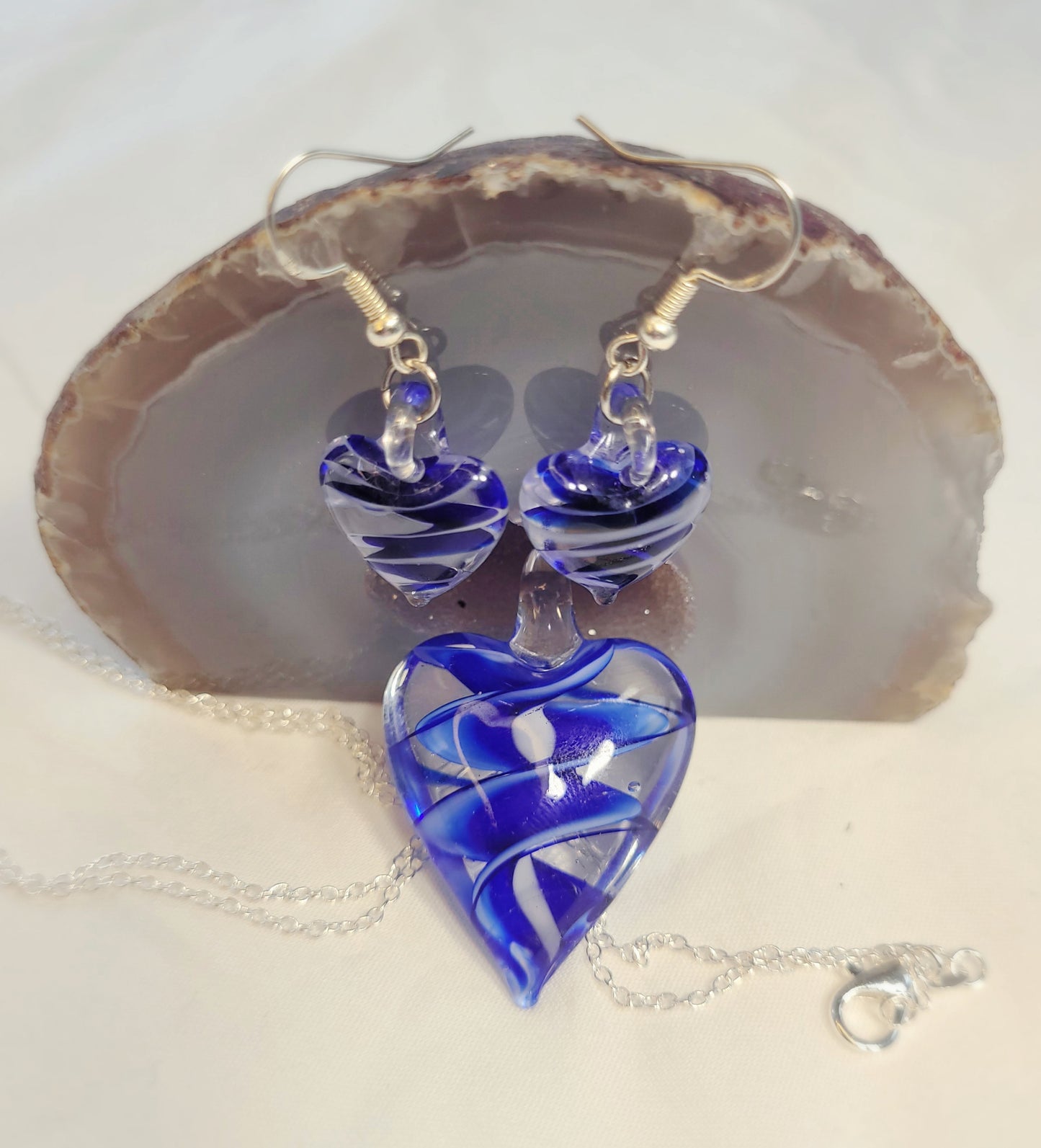 Blue Heart Glass Necklace and Earrings Set