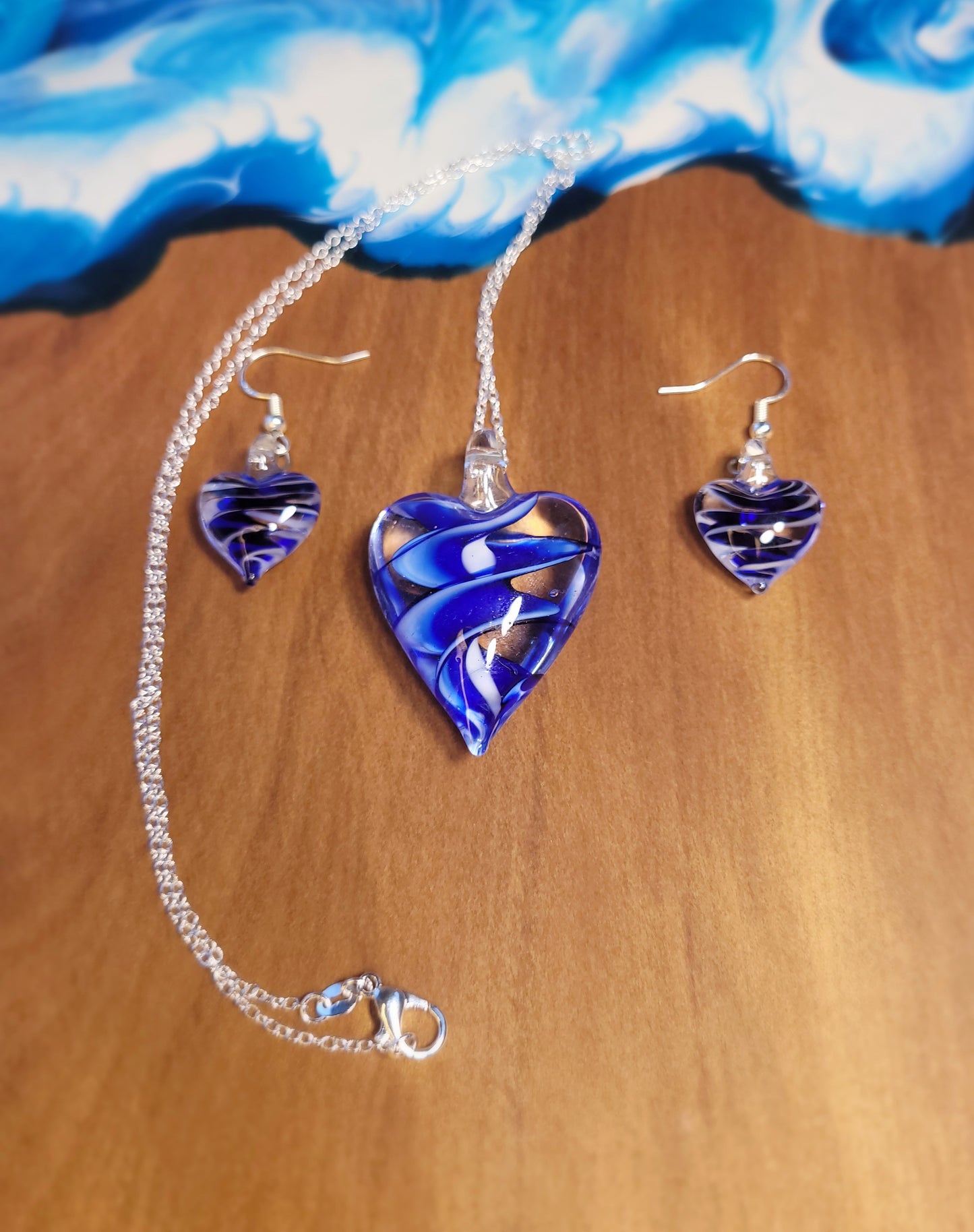 Blue Heart Glass Necklace and Earrings Set