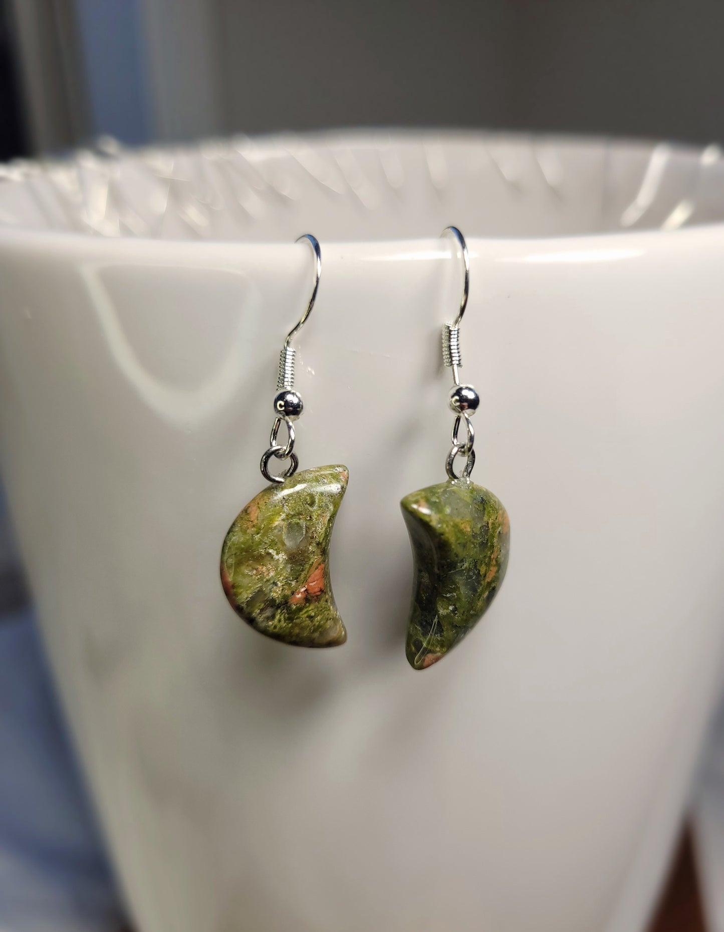 Green Unakite Quarter Moon Crystal & Silver Earrings