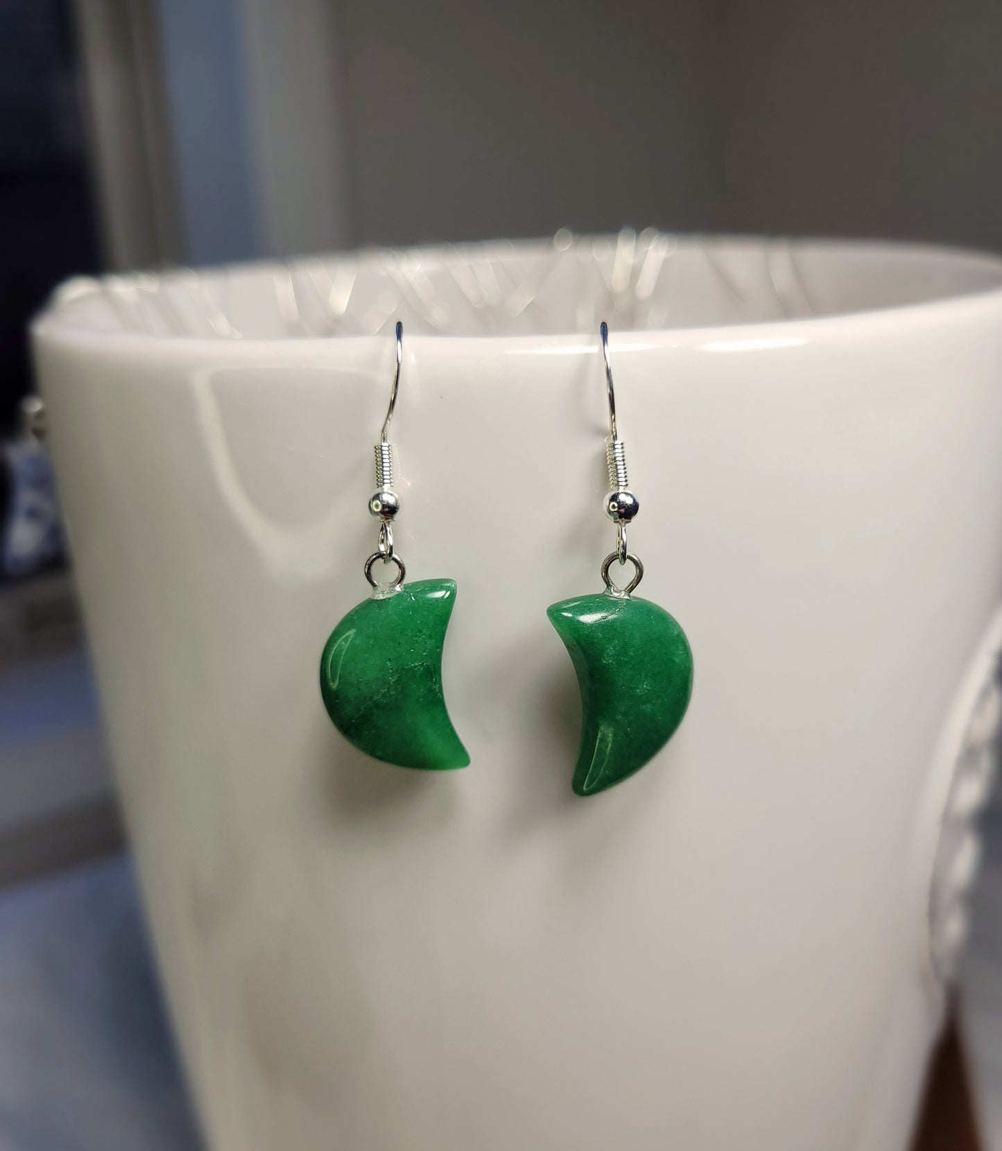 Green Jade Quarter Moon Crystal & Silver Earrings