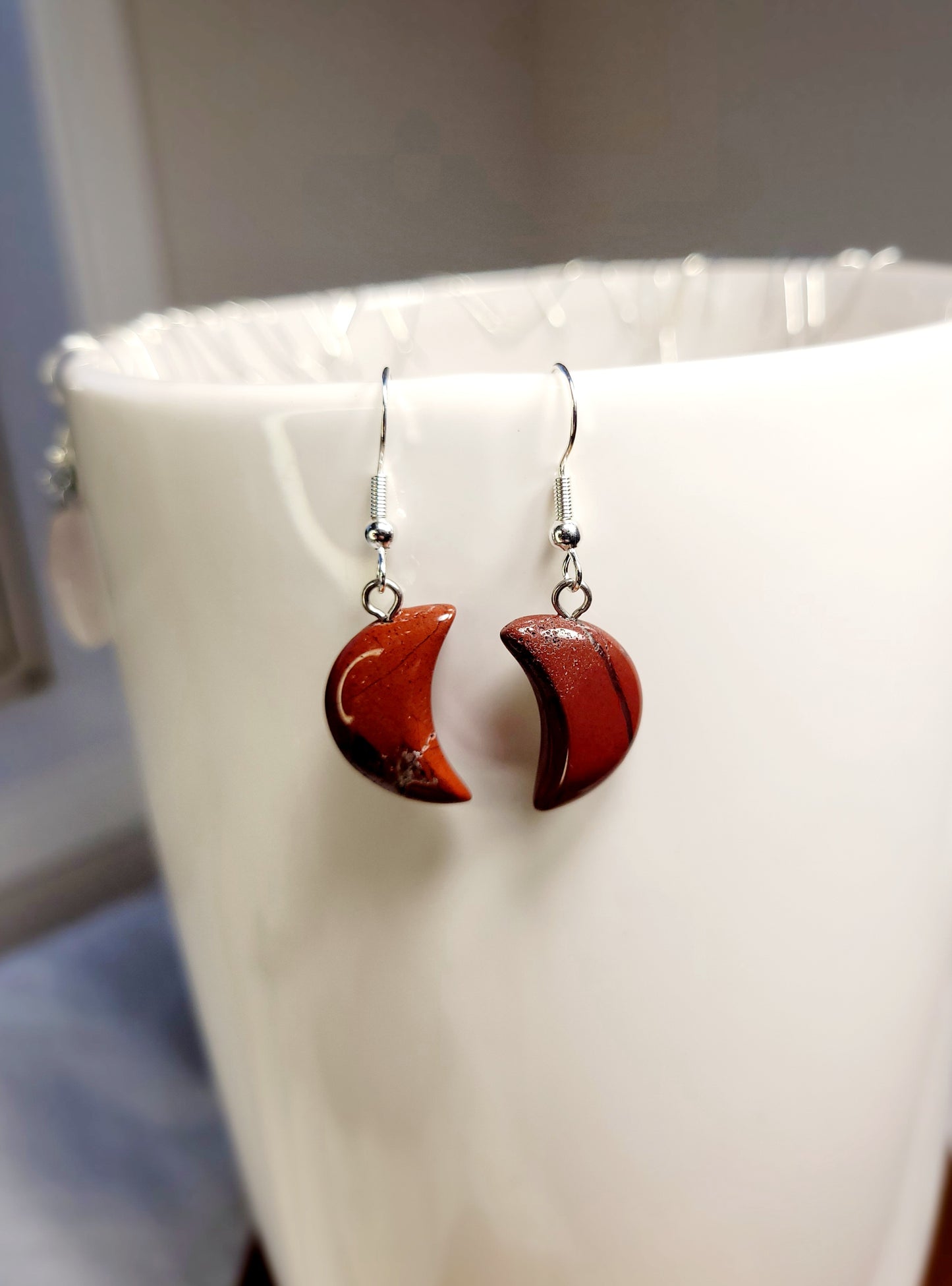 Red Jasper Quarter Moon Crystal & Silver Earrings