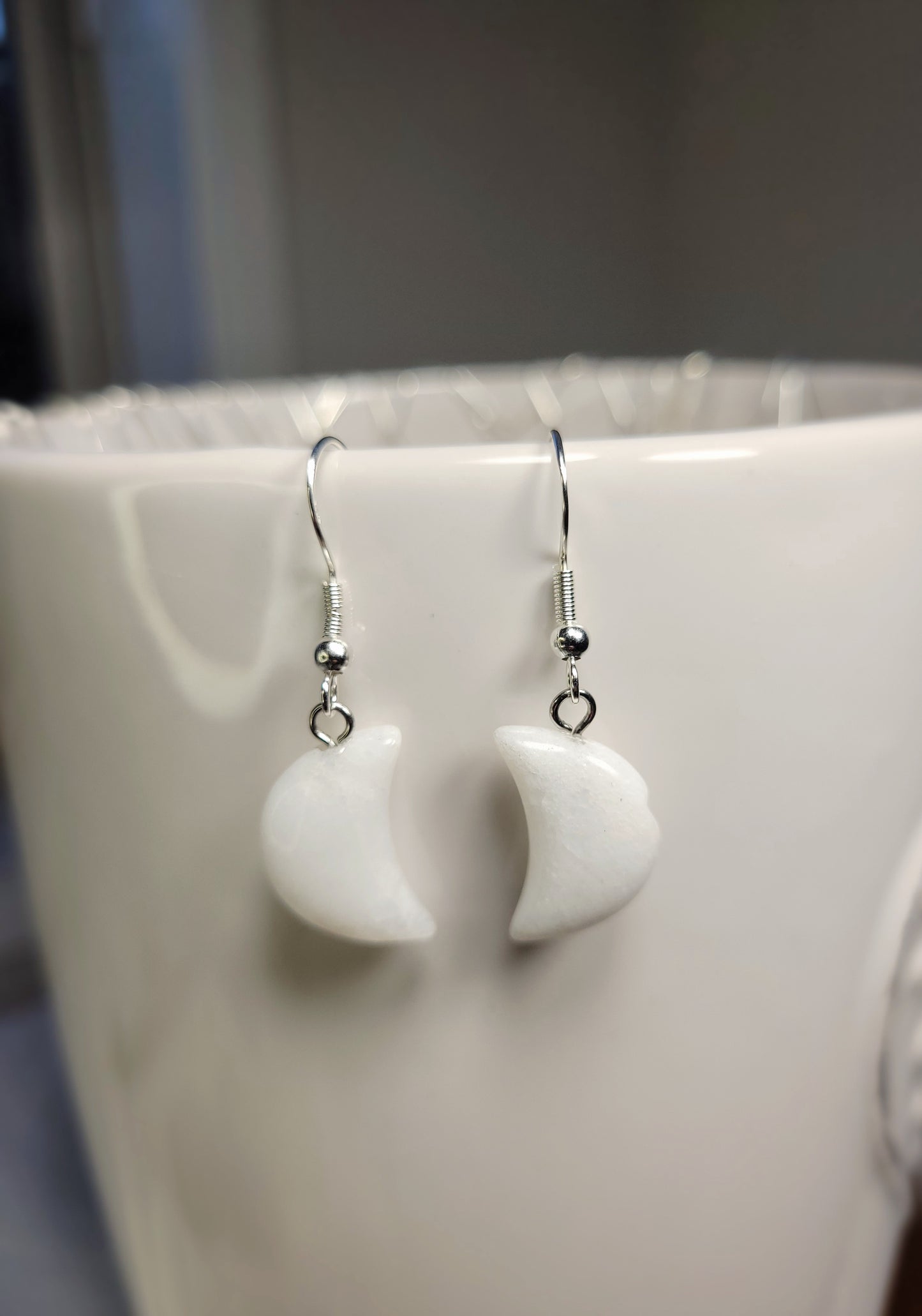 White Jasper Quarter Moon Crystal & Silver Earrings