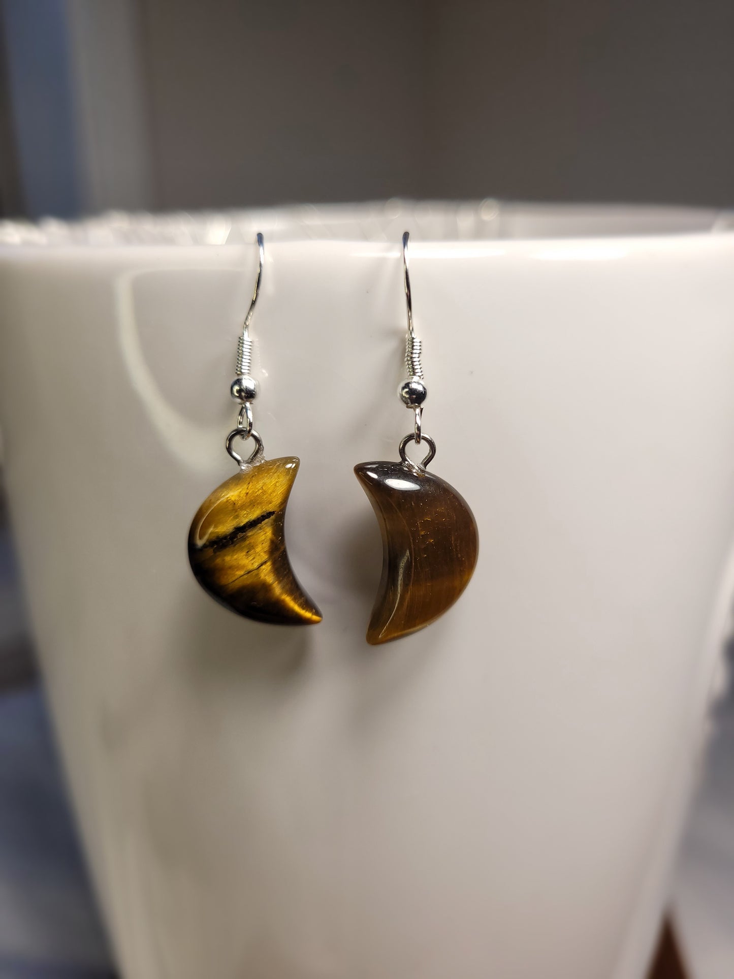 Brown Tiger Eye Quarter Moon Crystal & Silver Earrings