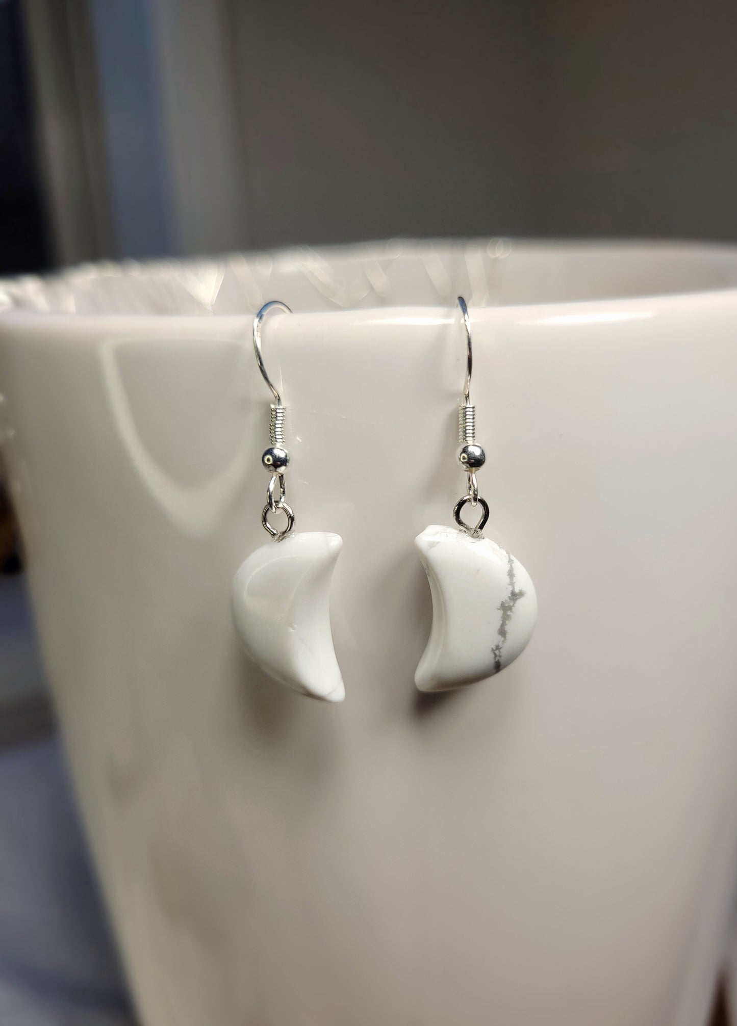 White Howlite Quarter Moon Crystal & Silver Earrings