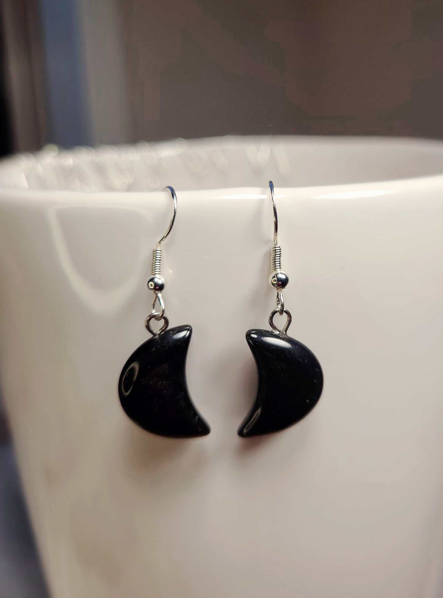 Black Obsidian Quarter Moon Crystal & Silver Earrings