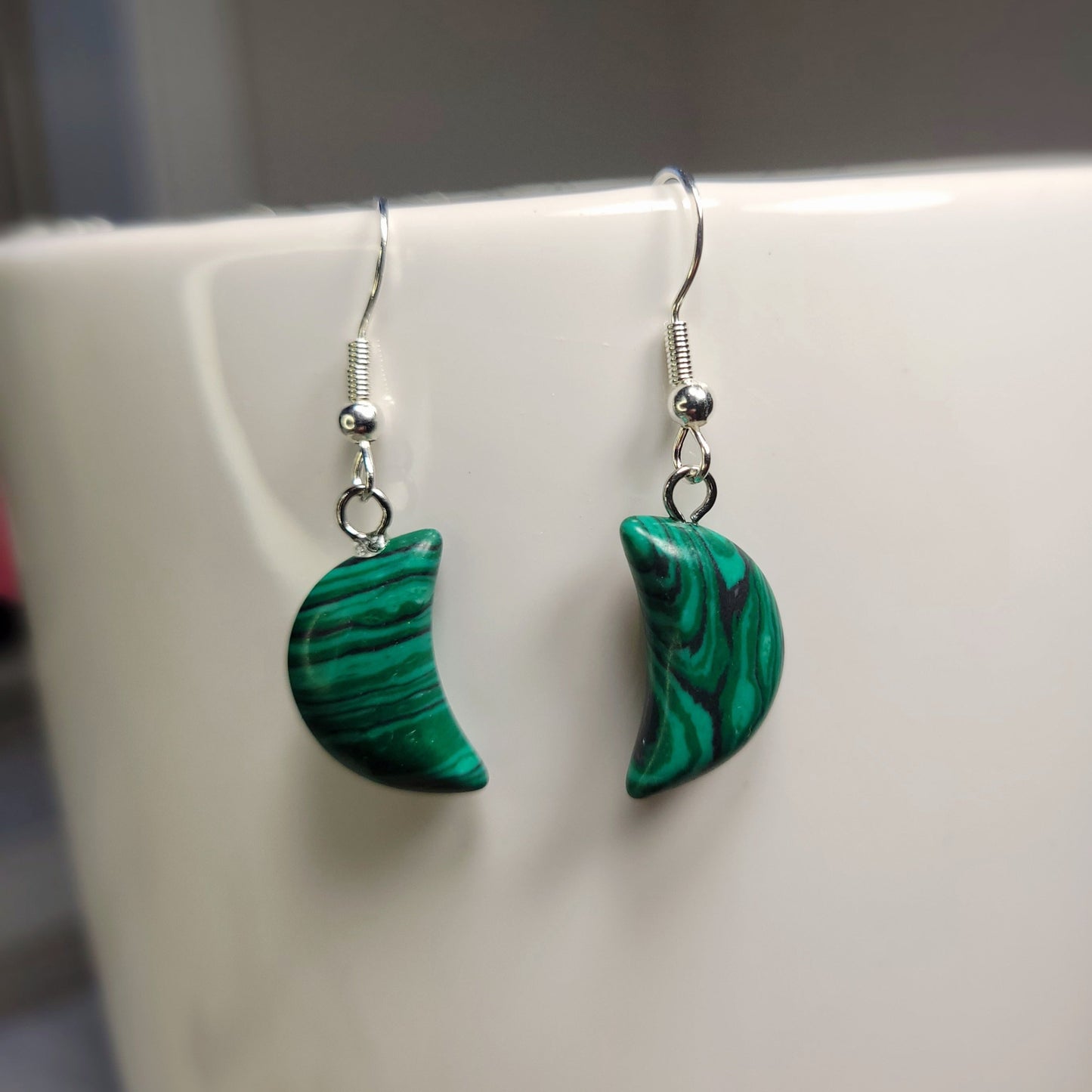 Green Malachite Quarter Moon Crystal & Silver Earrings