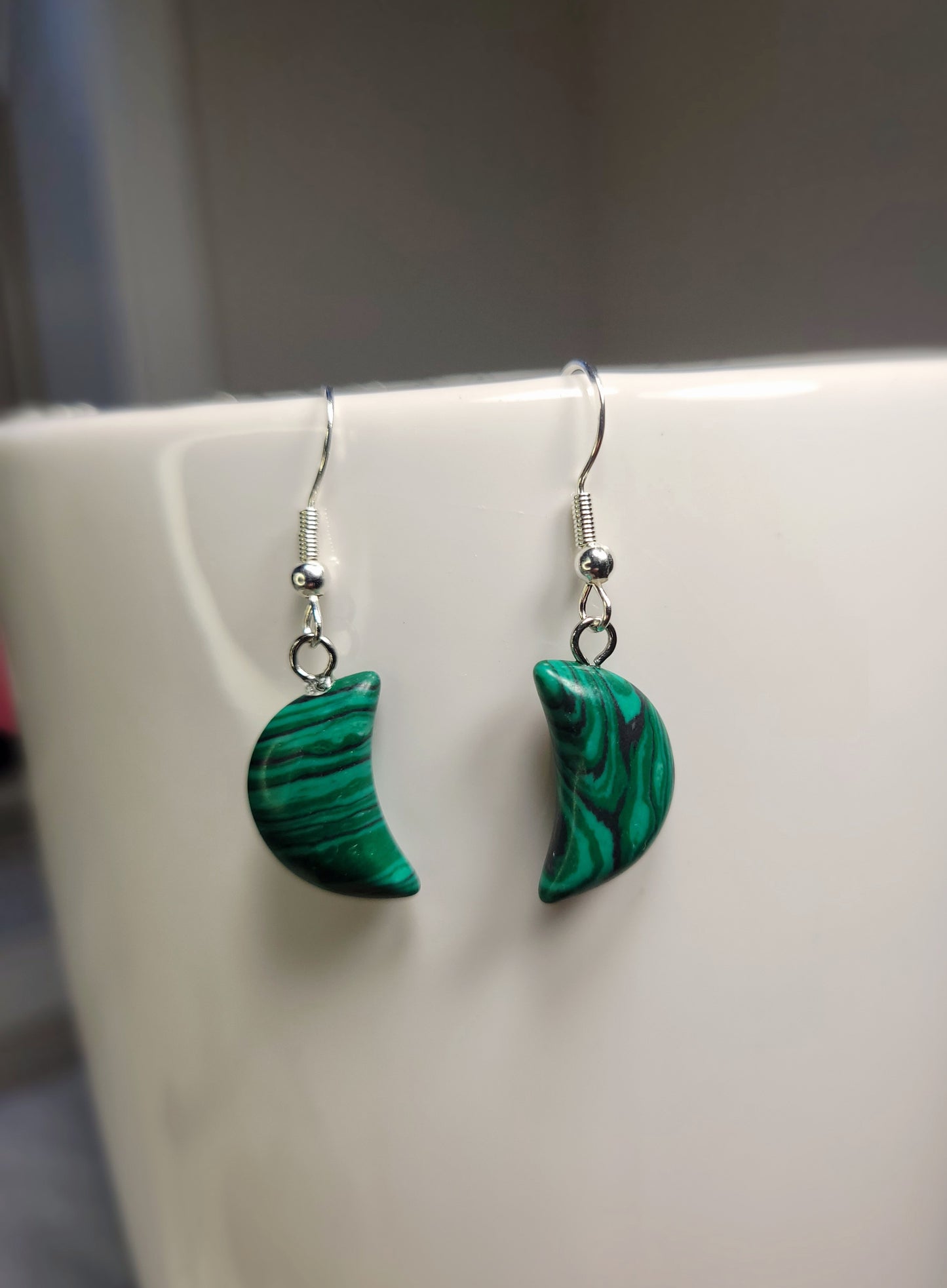 Green Malachite Quarter Moon Crystal & Silver Earrings