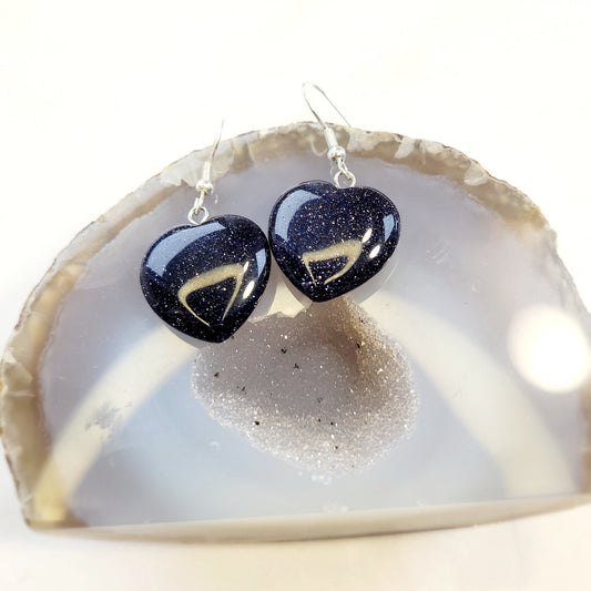 Blue Goldstone Heart Crystal & Silver Earrings