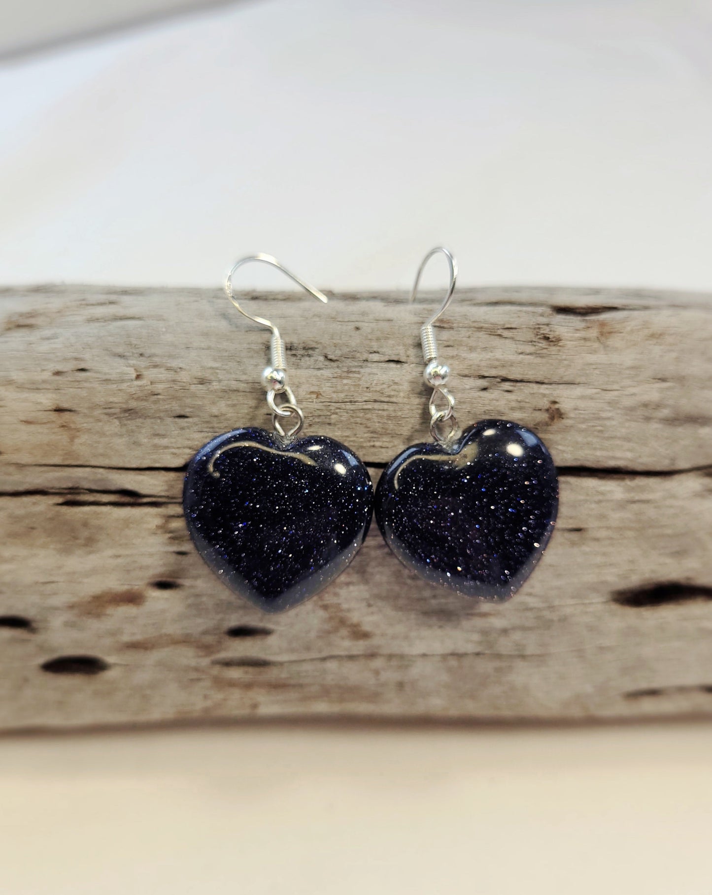 Blue Goldstone Heart Crystal & Silver Earrings