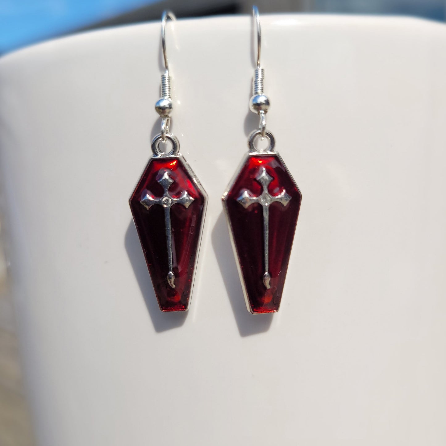 Red Sliver Cross Coffin Earrings