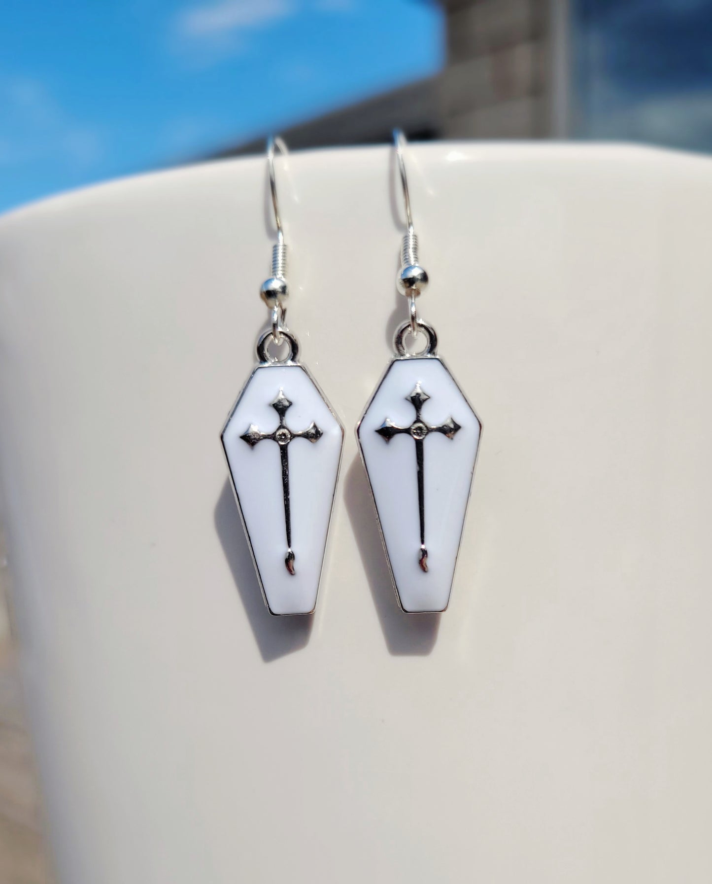 White Sliver Cross Coffin Earrings