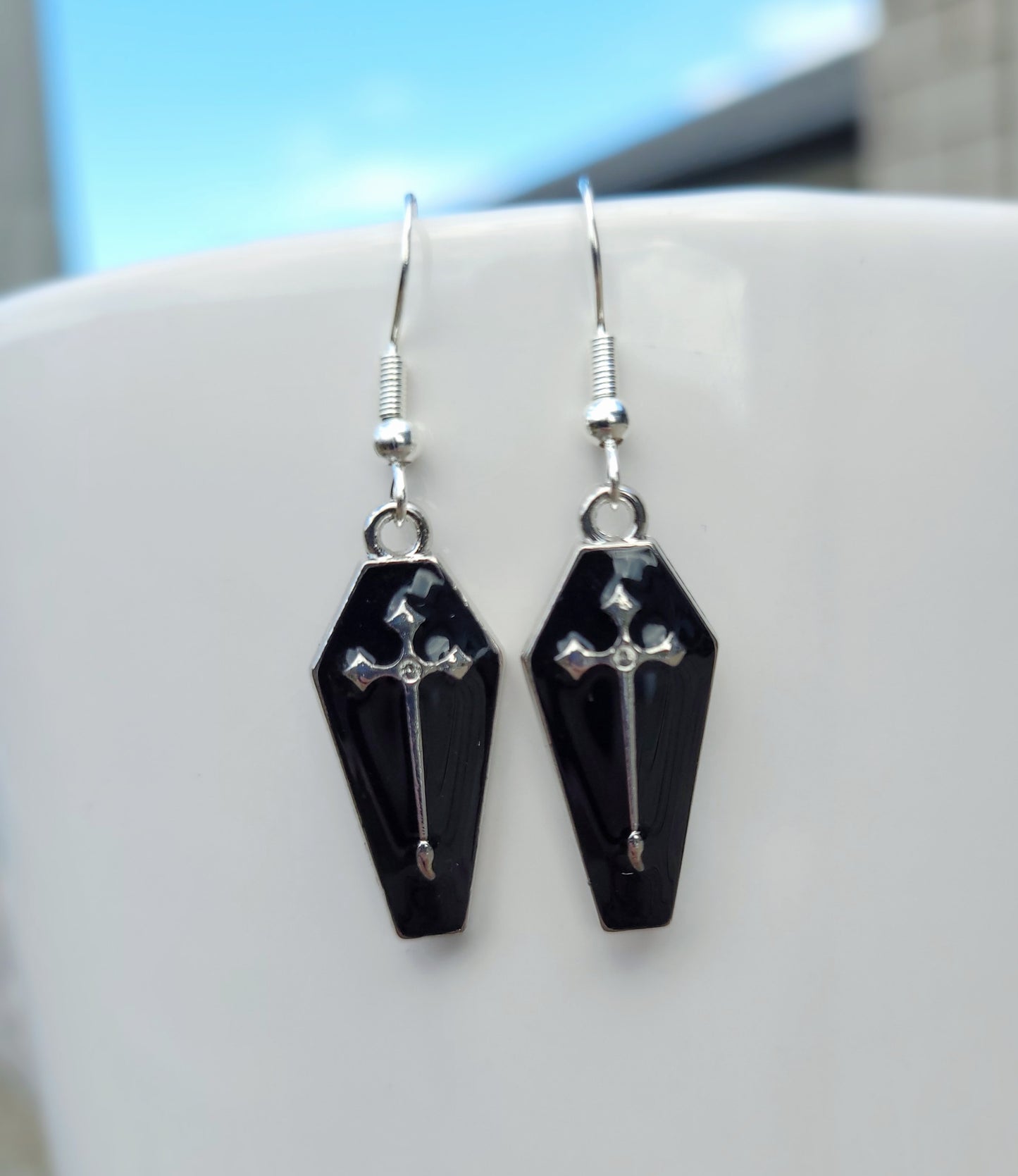 Black Sliver Cross Coffin Earrings