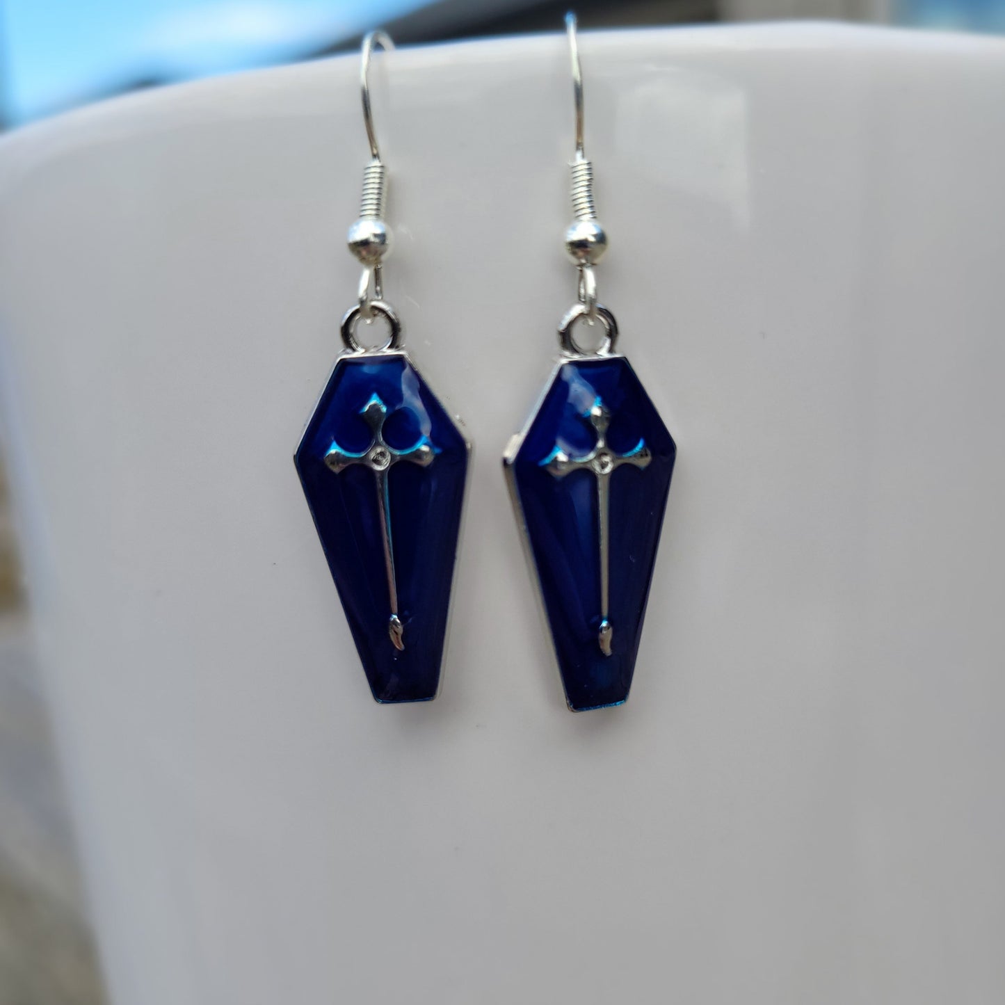 Blue Sliver Cross Coffin Earrings