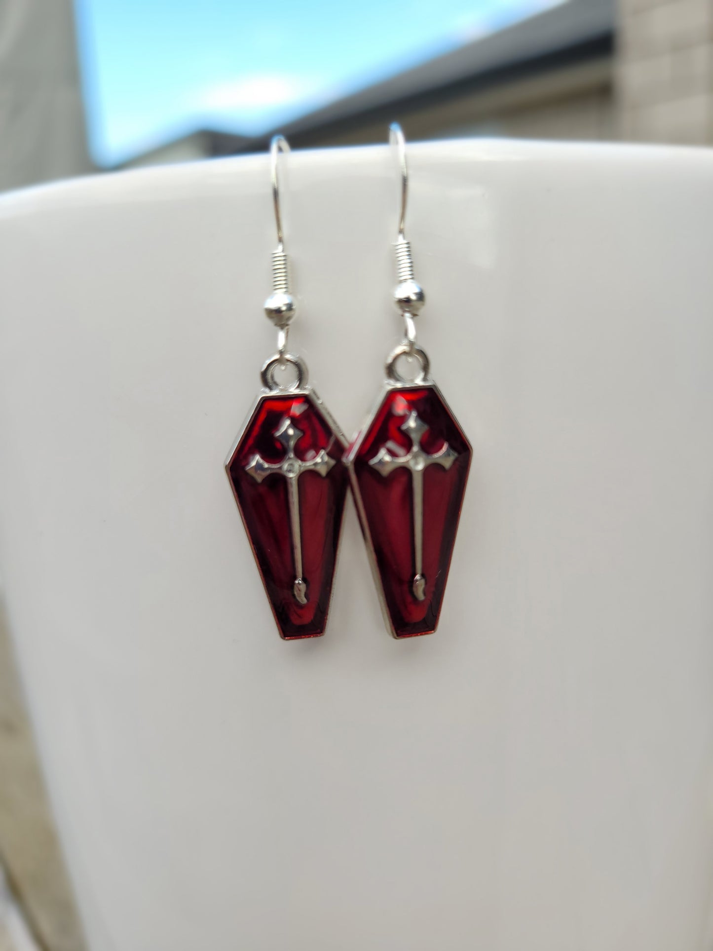 Red Sliver Cross Coffin Earrings