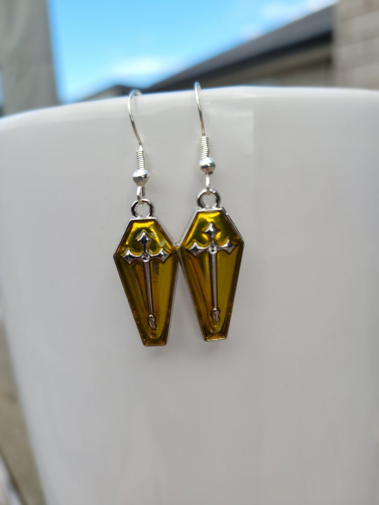 Yellow Sliver Cross Coffin Earrings