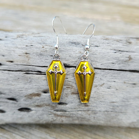 Yellow Sliver Cross Coffin Earrings