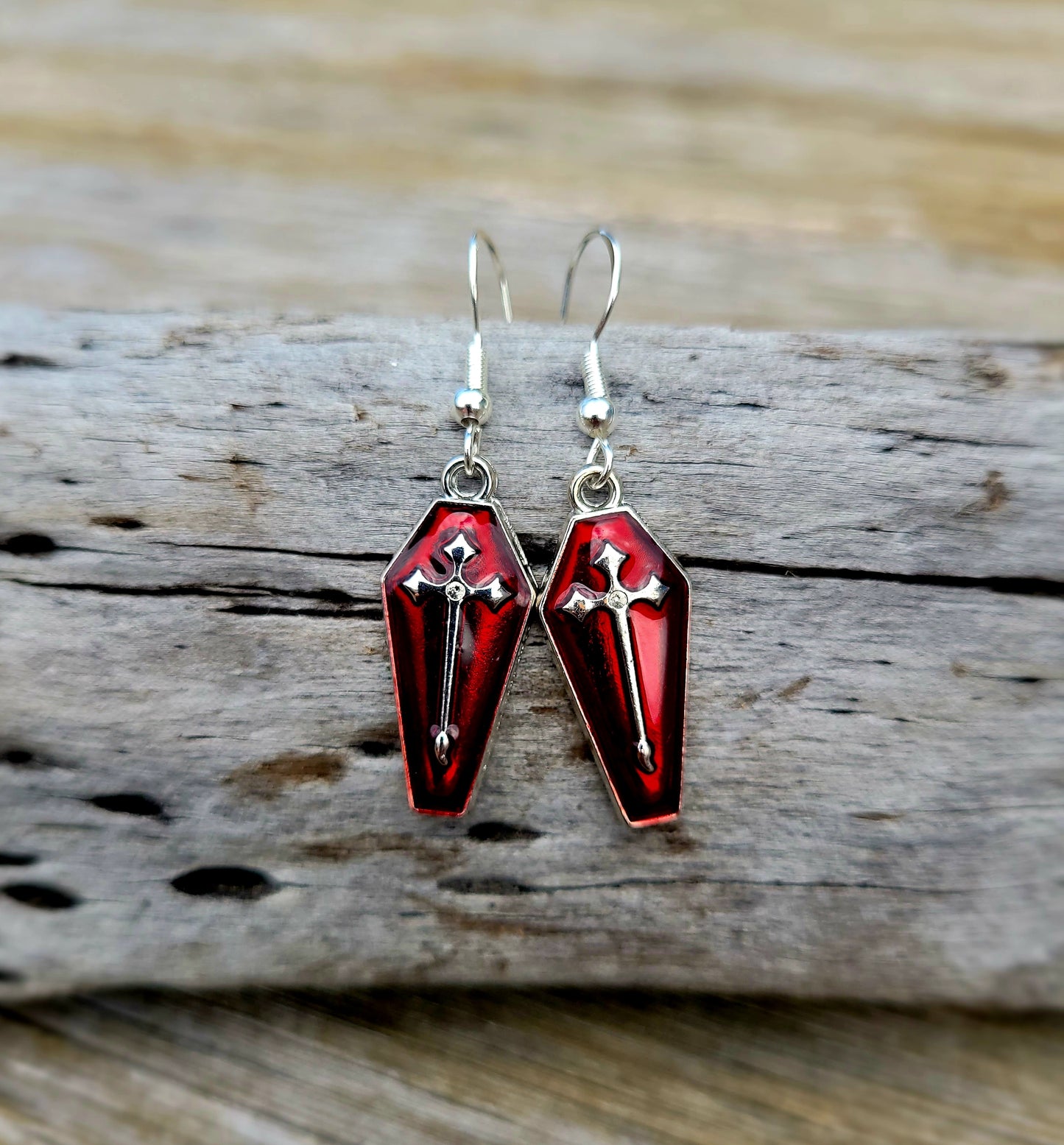 Red Sliver Cross Coffin Earrings