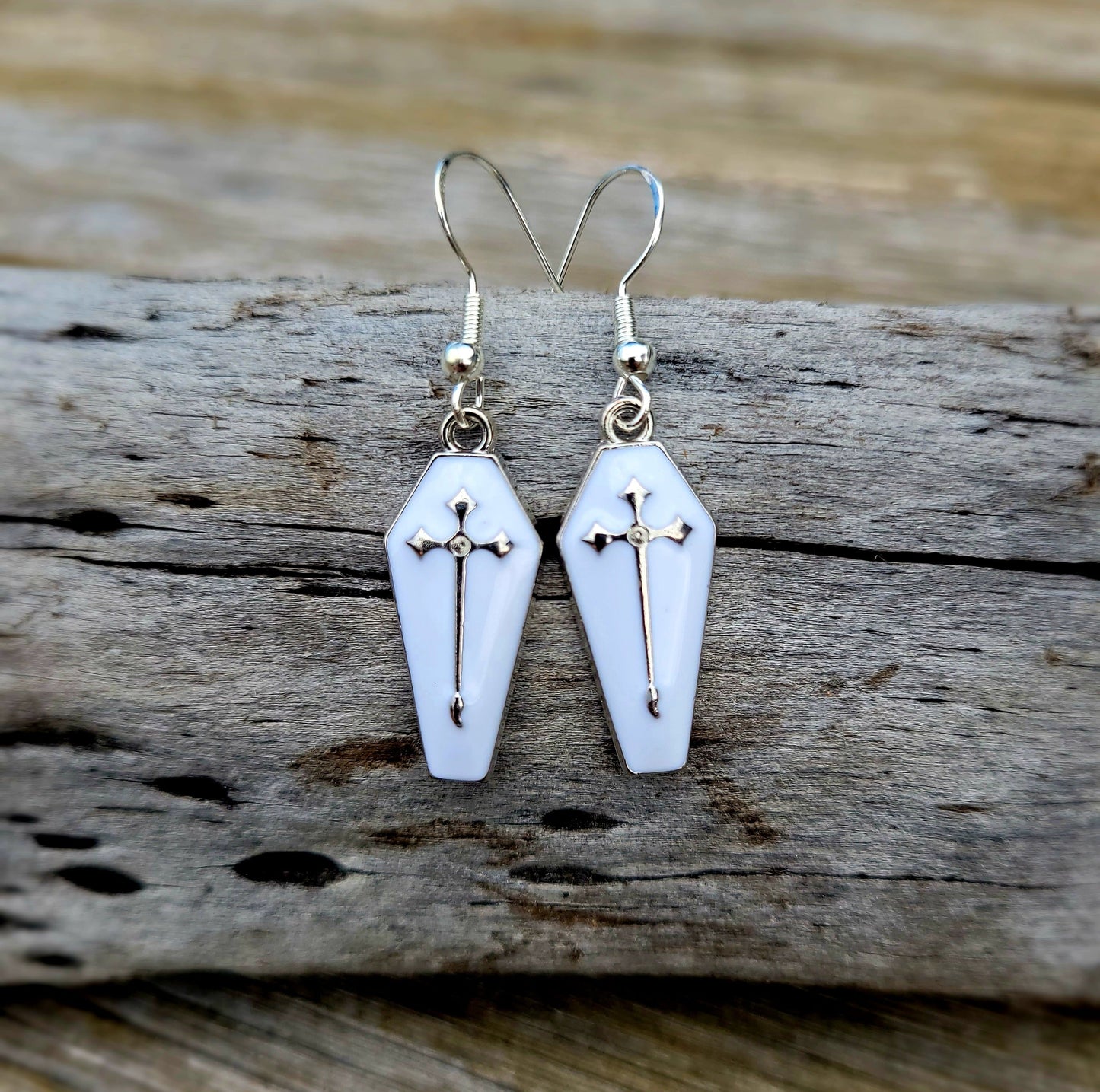 White Sliver Cross Coffin Earrings