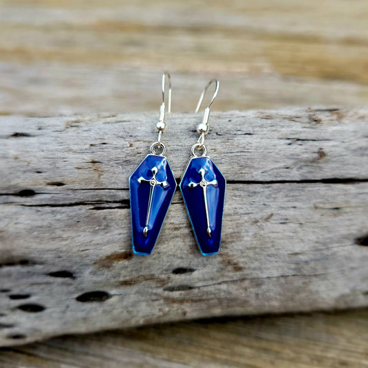 Blue Sliver Cross Coffin Earrings