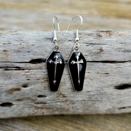 Black Sliver Cross Coffin Earrings