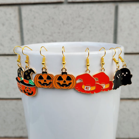 Halloween Earrings - Various Designs: Red witches hat,  Orange Pumpkin,  WHITE Ghost,  Pumpkin with black hat