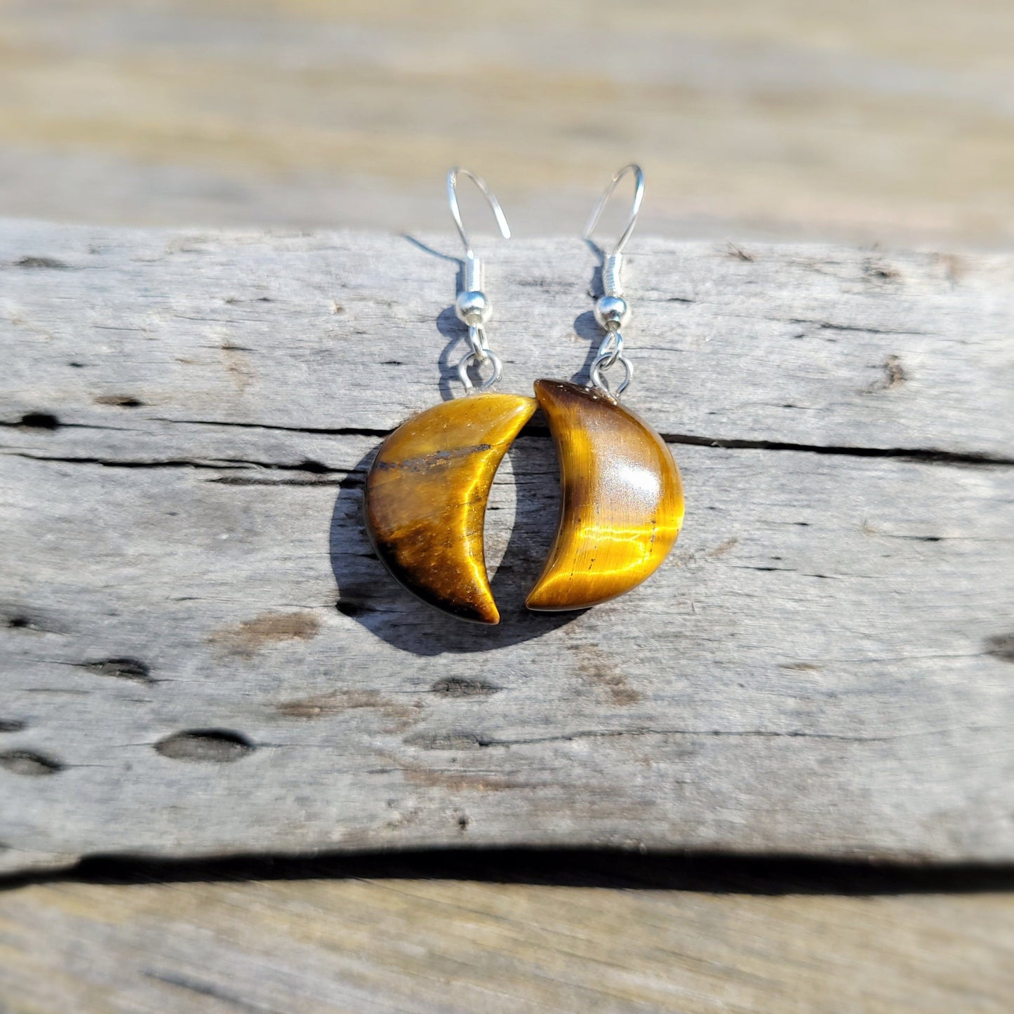 Brown Tiger Eye Quarter Moon Crystal & Silver Earrings