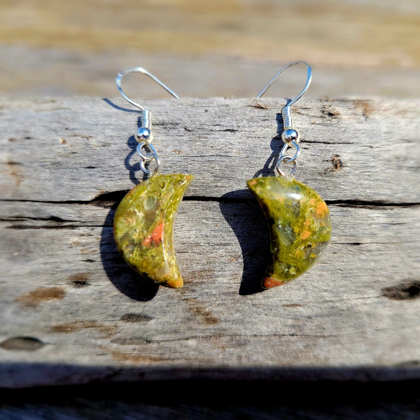 Green Unakite Quarter Moon Crystal & Silver Earrings