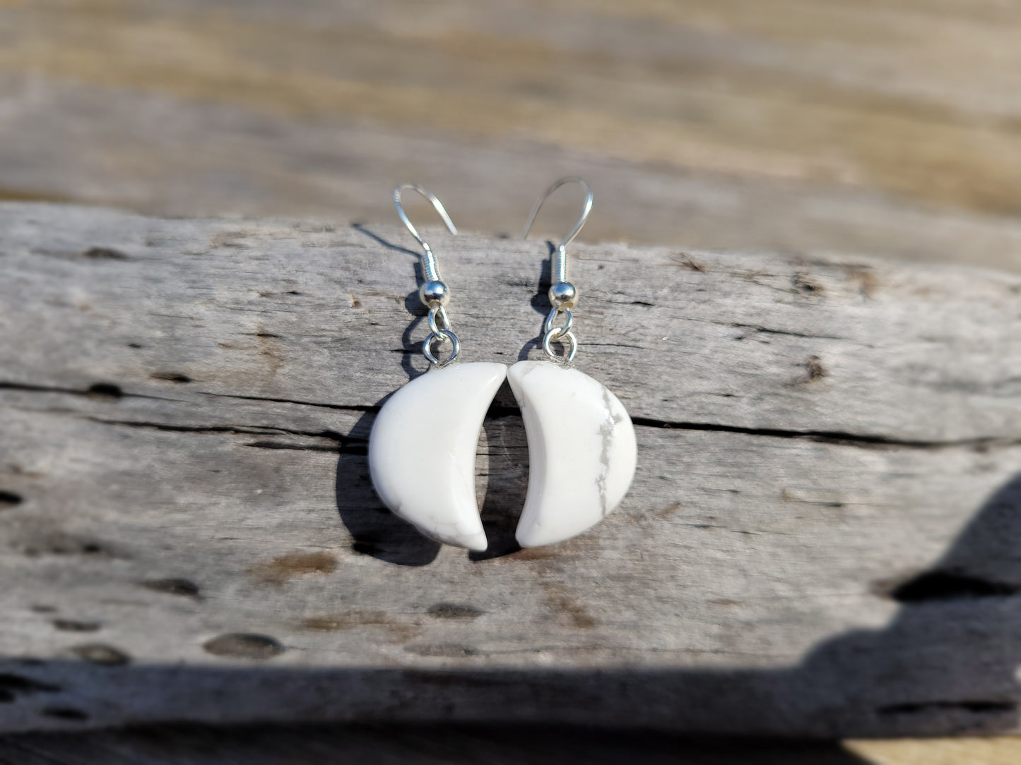 White Howlite Quarter Moon Crystal & Silver Earrings