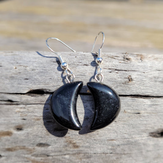 Black Obsidian Quarter Moon Crystal & Silver Earrings