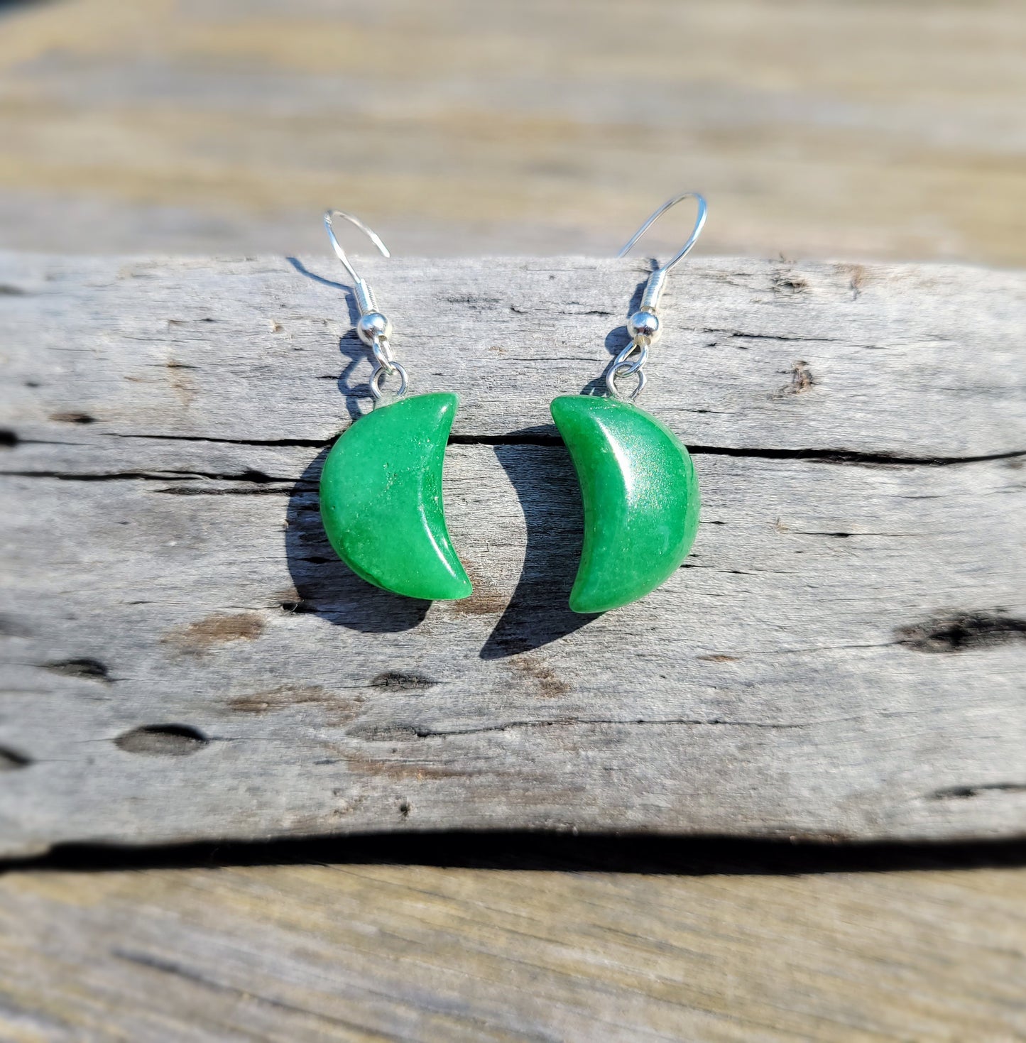 Green Jade Quarter Moon Crystal & Silver Earrings