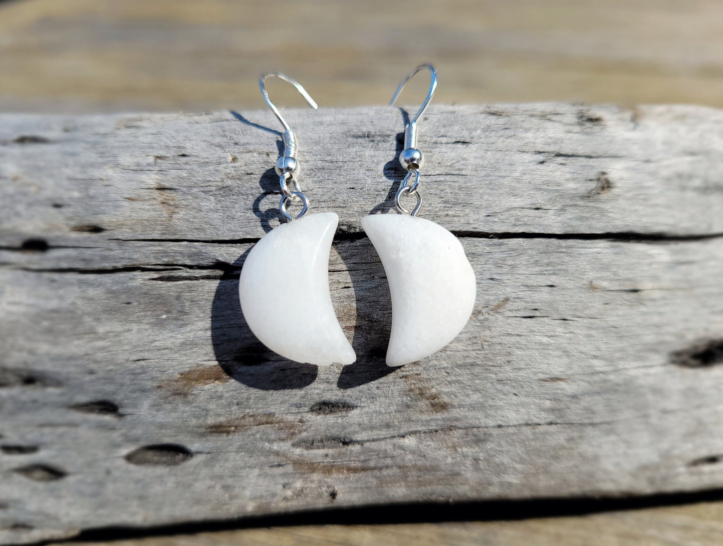 White Jasper Quarter Moon Crystal & Silver Earrings