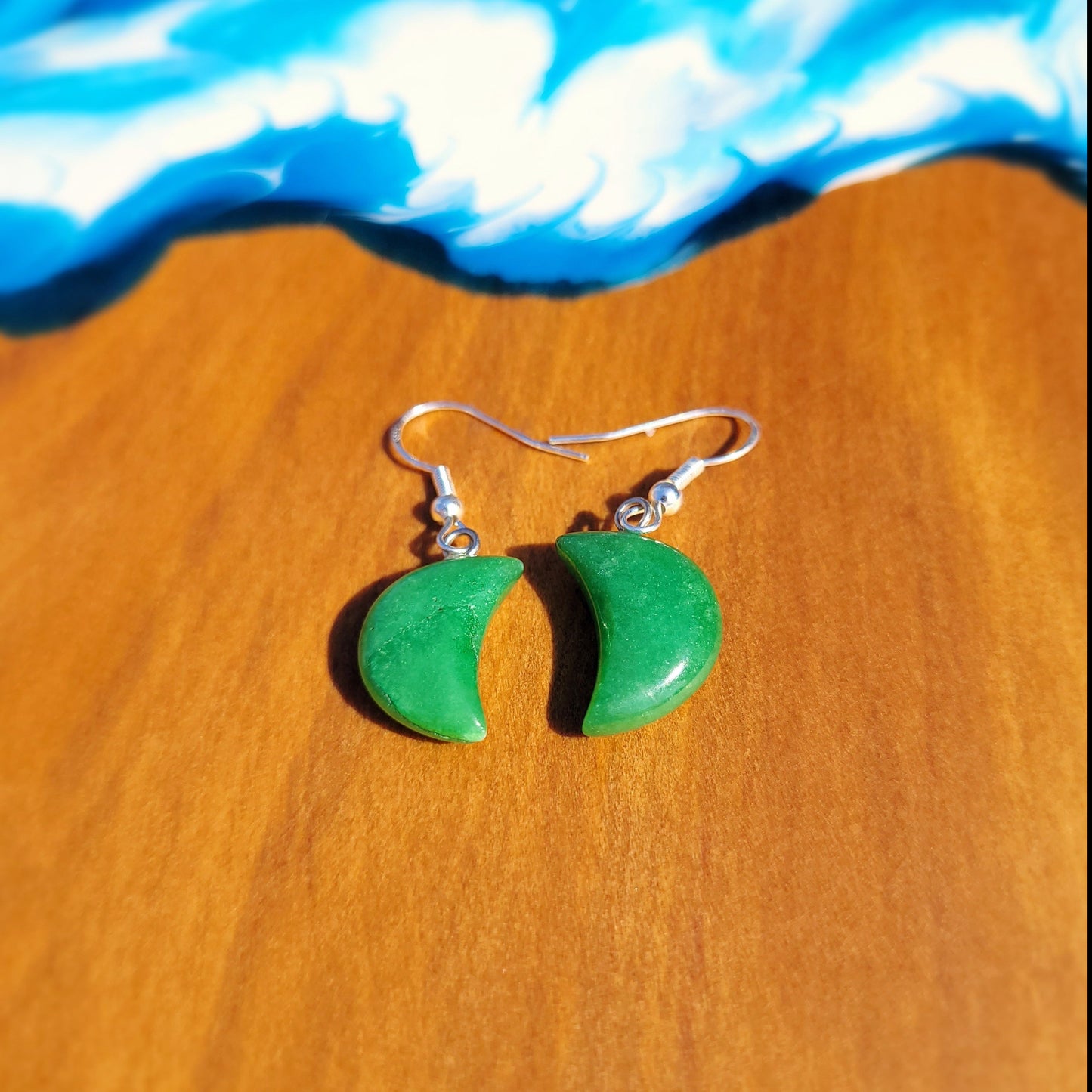 Green Jade Quarter Moon Crystal & Silver Earrings