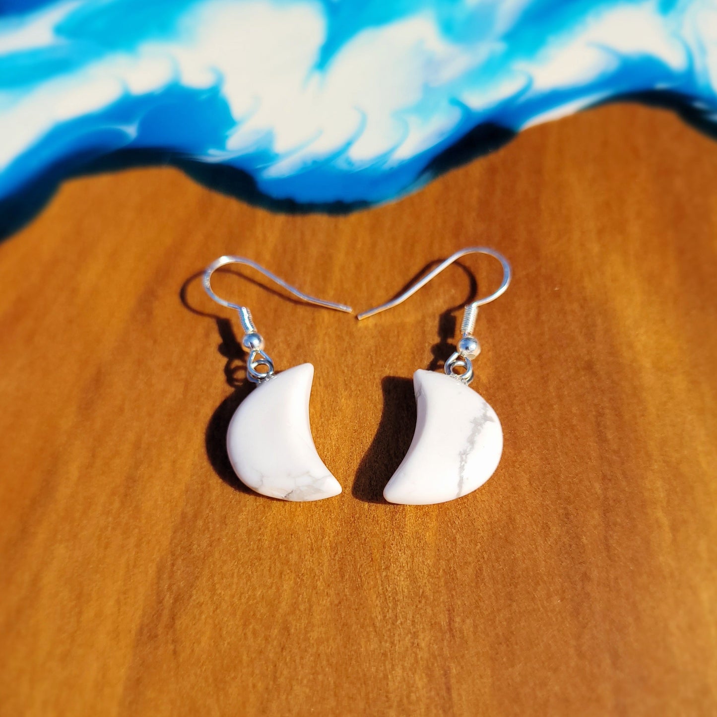 White Howlite Quarter Moon Crystal & Silver Earrings