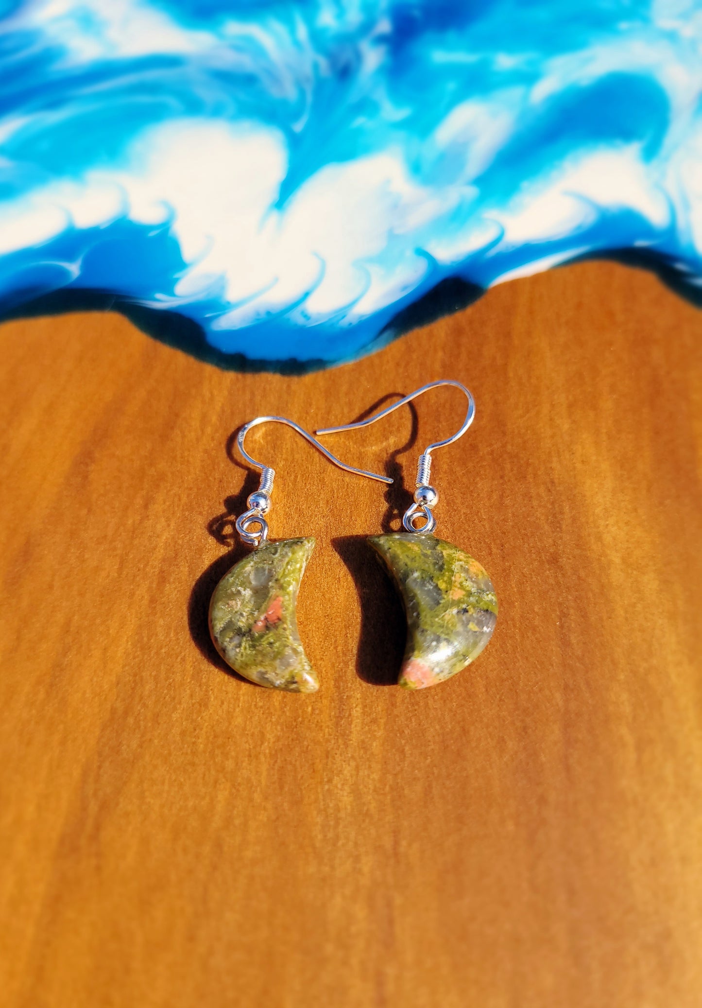 Green Unakite Quarter Moon Crystal & Silver Earrings