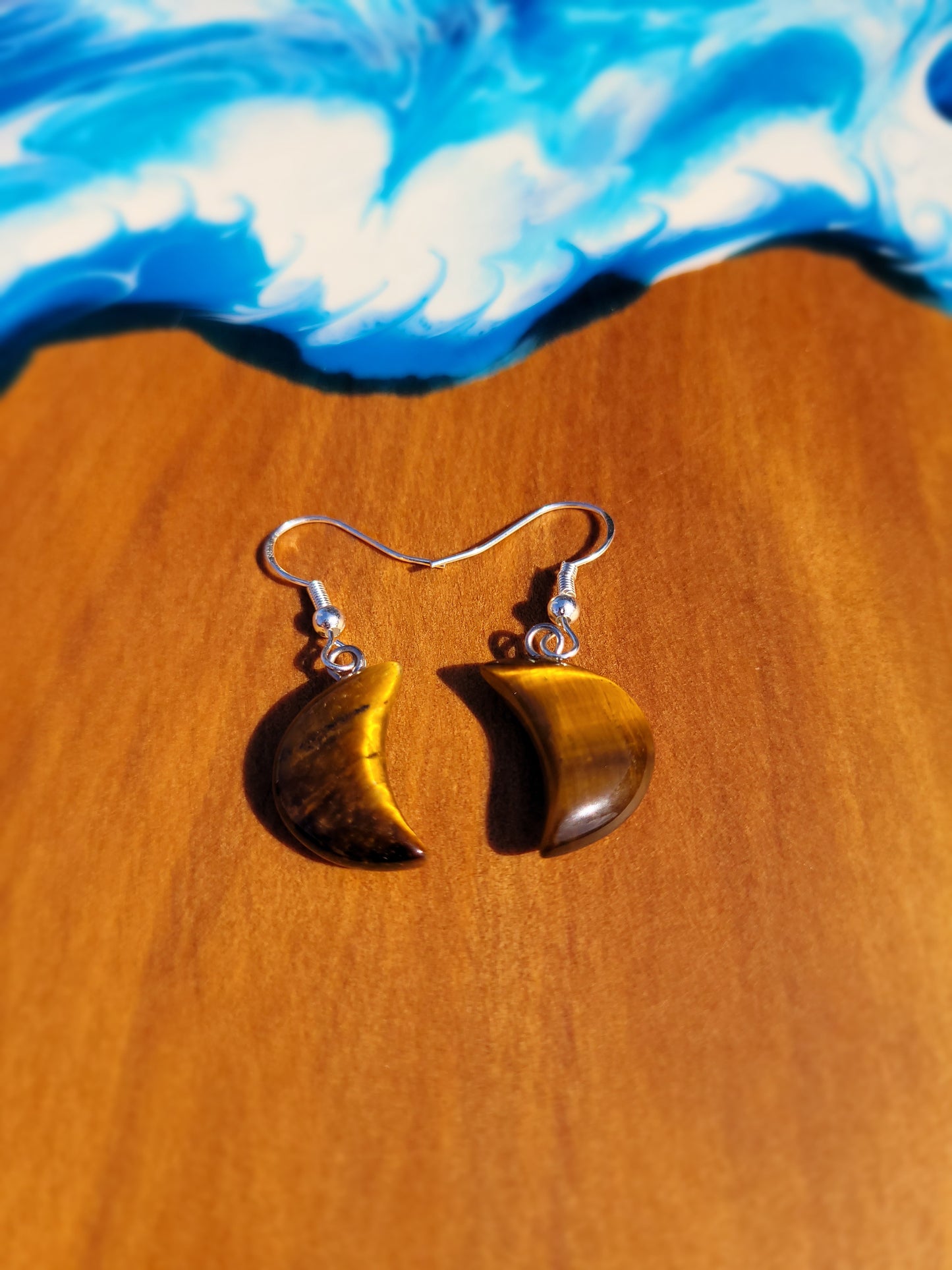 Brown Tiger Eye Quarter Moon Crystal & Silver Earrings