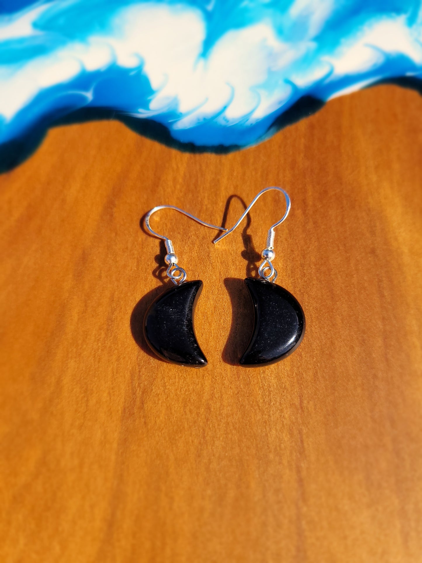 Black Obsidian Quarter Moon Crystal & Silver Earrings