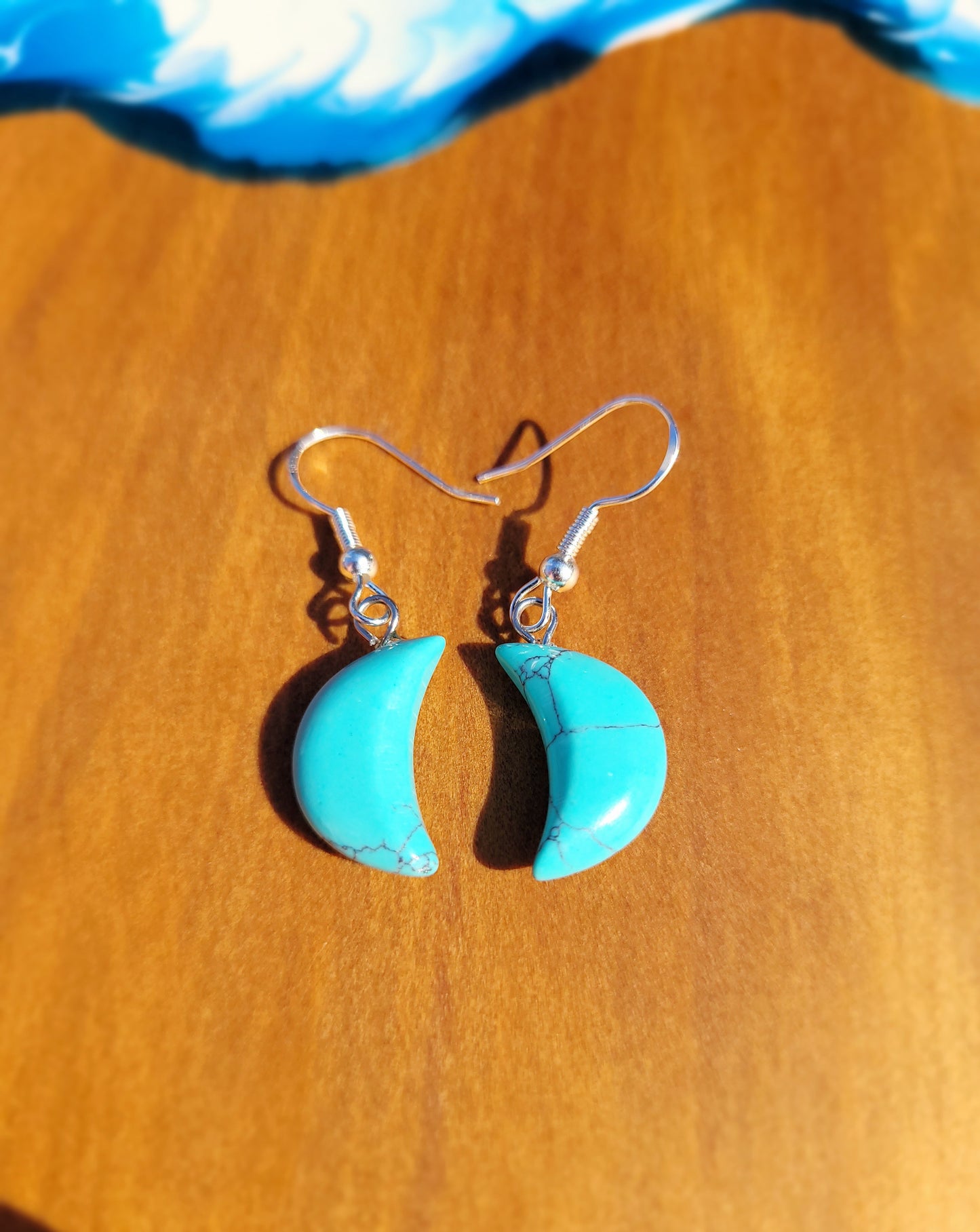 Turquoise Quarter Moon Crystal & Silver Earrings