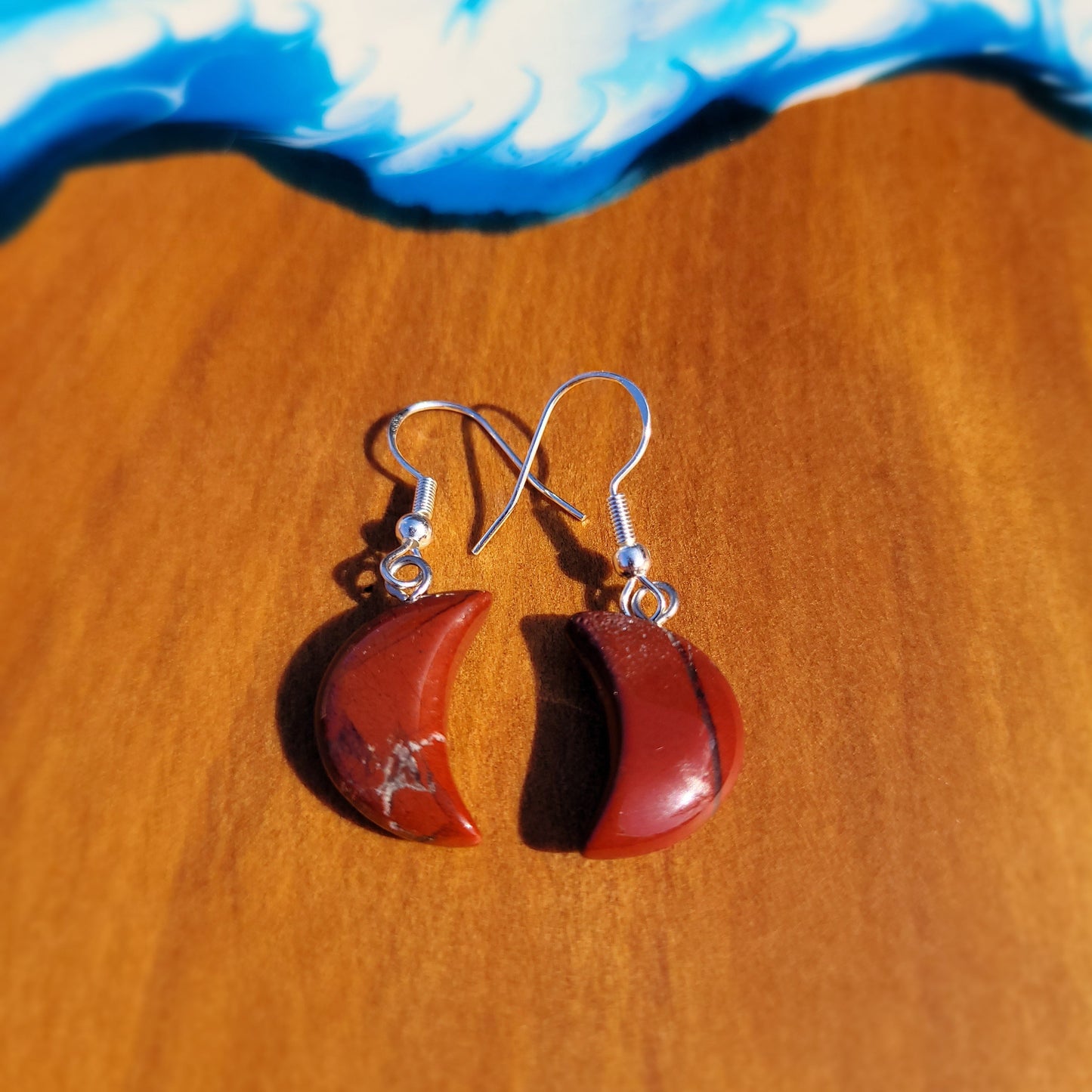 Red Jasper Quarter Moon Crystal & Silver Earrings