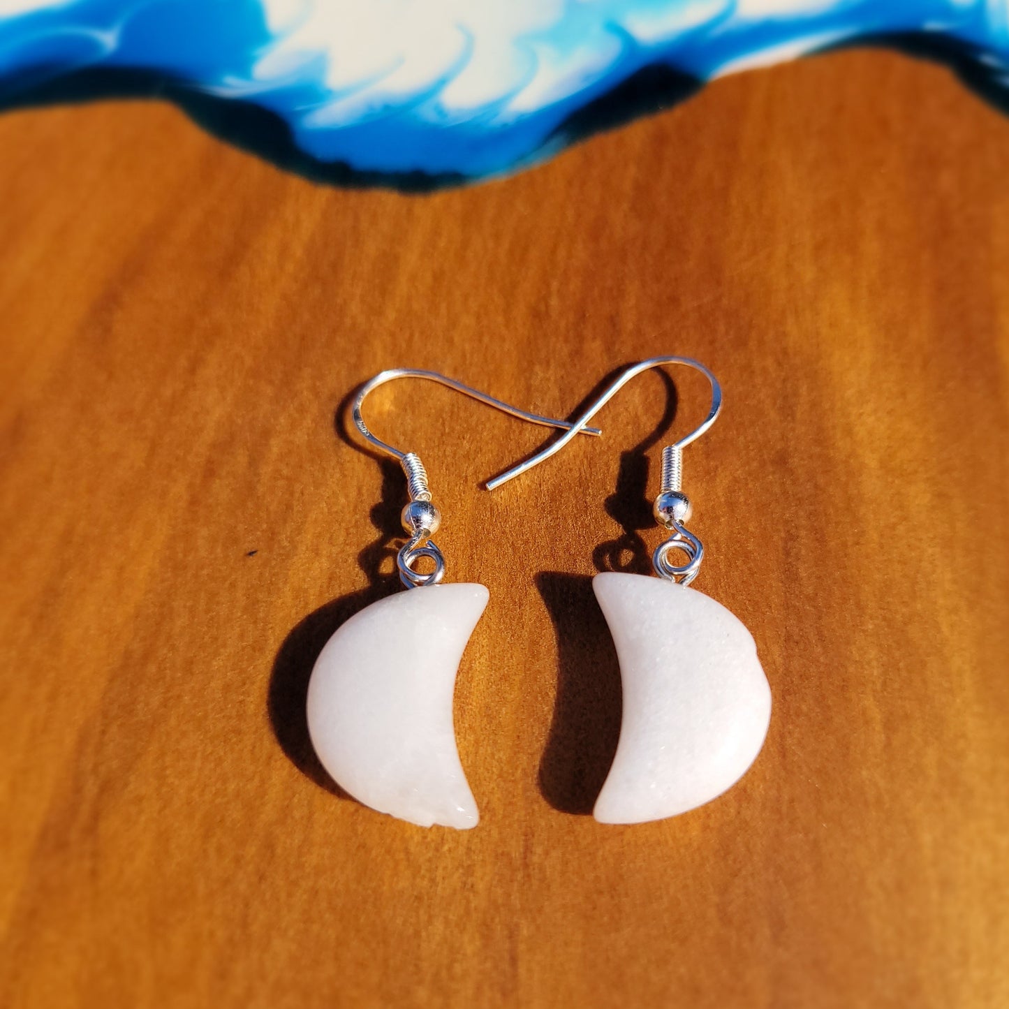 White Jasper Quarter Moon Crystal & Silver Earrings